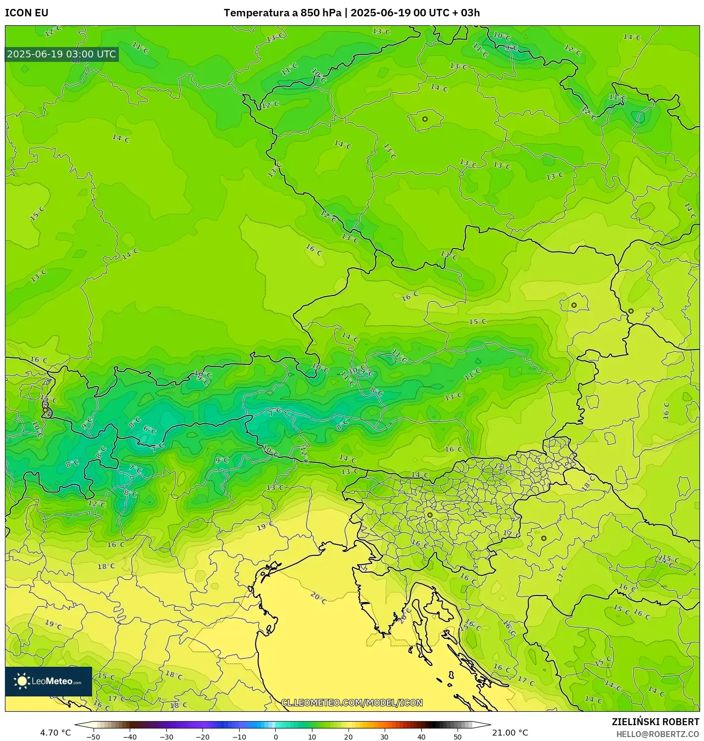 ICON model - Austria, Temperatura a 850 hPa ICON model - Austria, Temperatura a 850 hPa