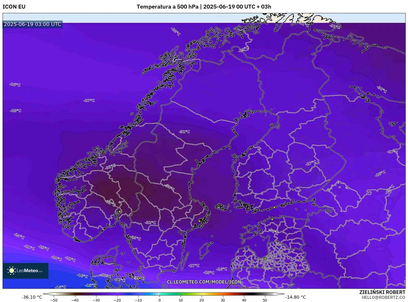 ICON model - Escandinavia, Temperatura a 500 hPa ICON model - Escandinavia, Temperatura a 500 hPa