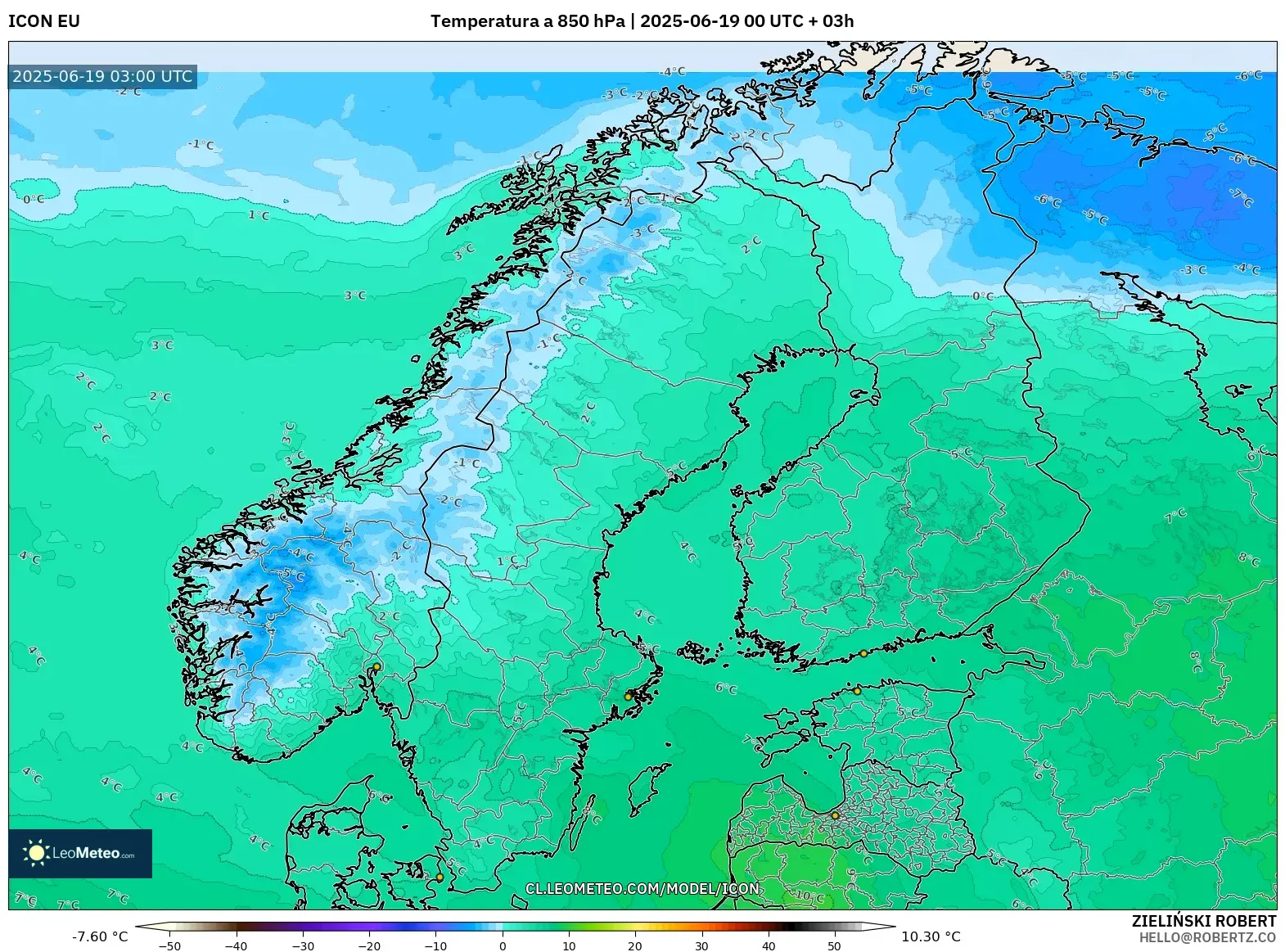 ICON model - Escandinavia, Temperatura a 850 hPa ICON model - Escandinavia, Temperatura a 850 hPa