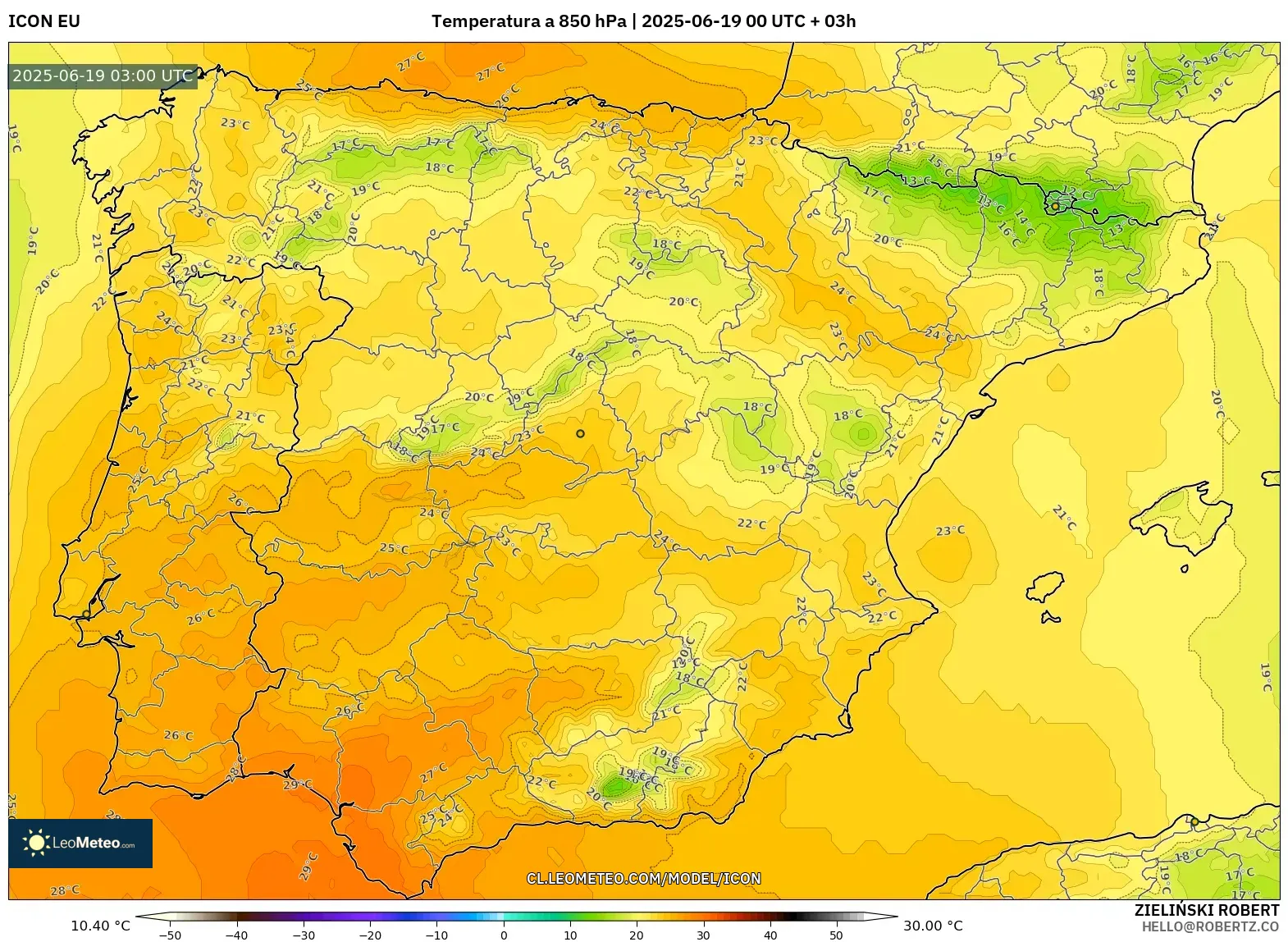 ICON model - España, Temperatura a 850 hPa ICON model - España, Temperatura a 850 hPa