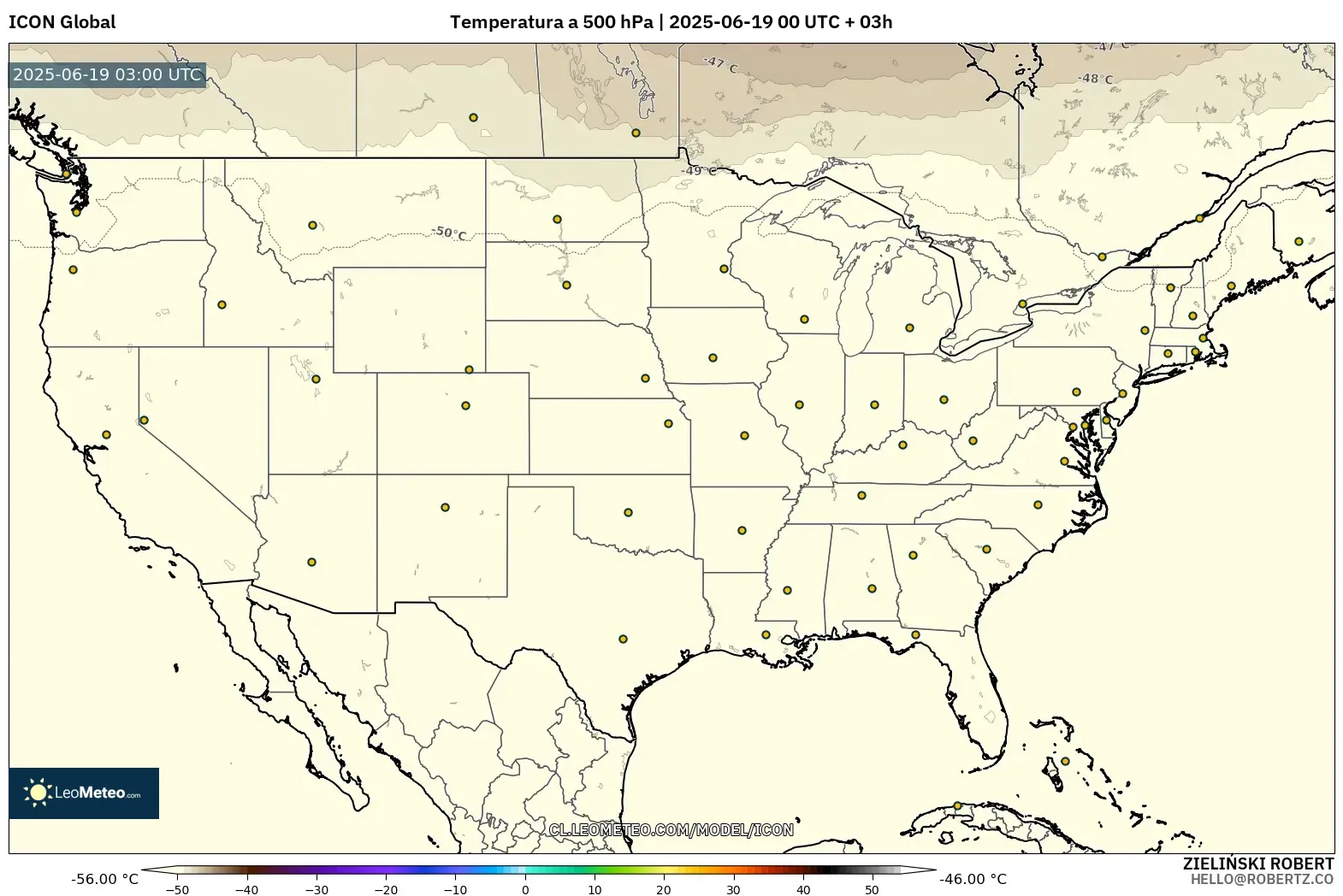 ICON model - Estados Unidos, Temperatura a 500 hPa ICON model - Estados Unidos, Temperatura a 500 hPa