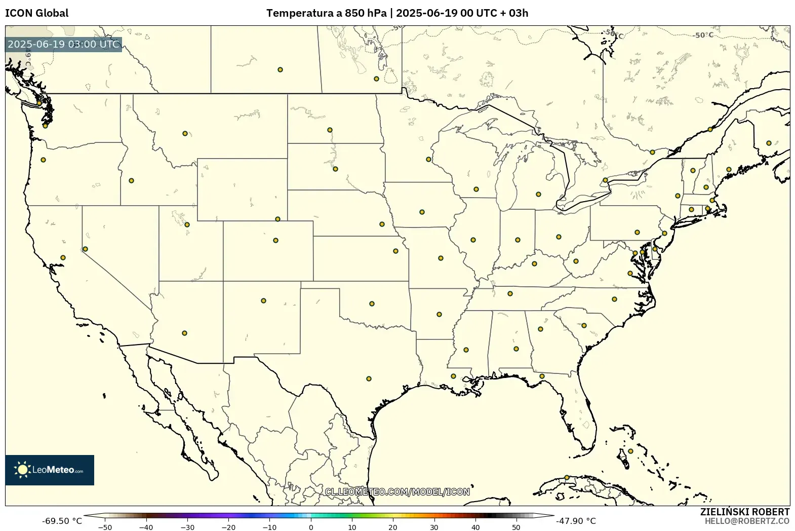 ICON model - Estados Unidos, Temperatura a 850 hPa ICON model - Estados Unidos, Temperatura a 850 hPa