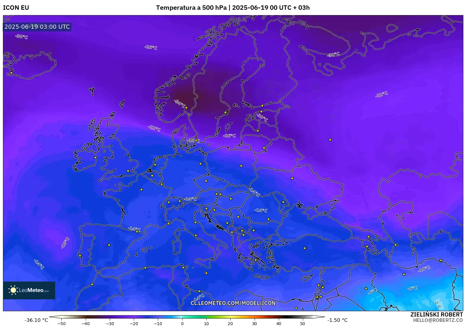 ICON model - Europa, Temperatura a 500 hPa ICON model - Europa, Temperatura a 500 hPa