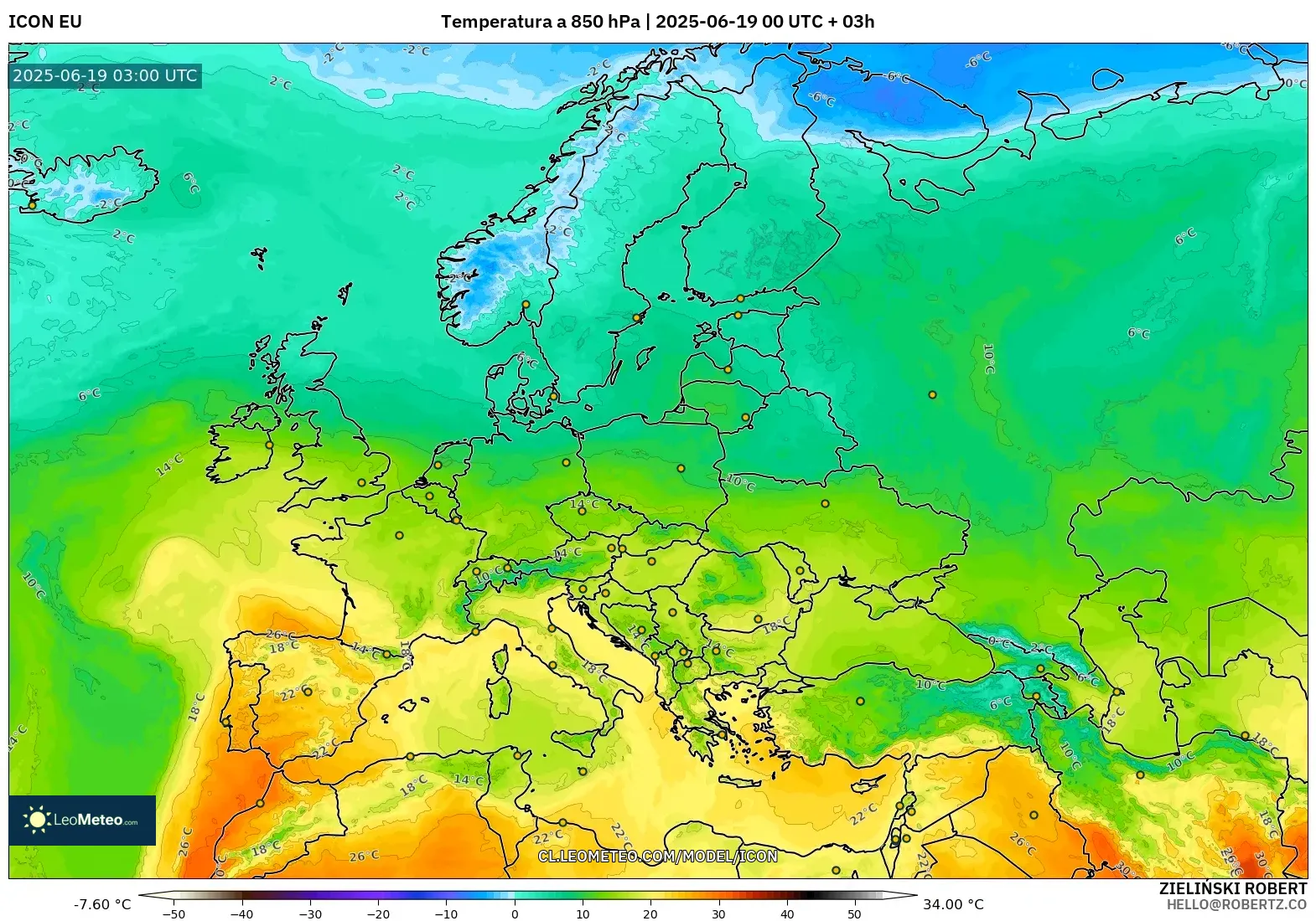 ICON model - Europa, Temperatura a 850 hPa ICON model - Europa, Temperatura a 850 hPa