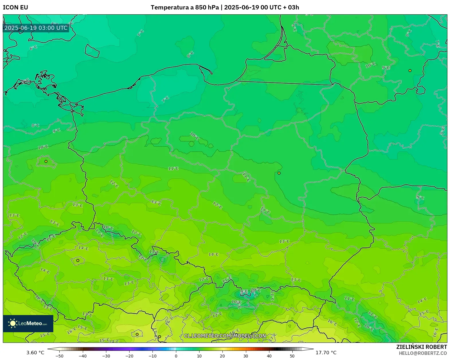 ICON model - Polonia, Temperatura a 850 hPa ICON model - Polonia, Temperatura a 850 hPa