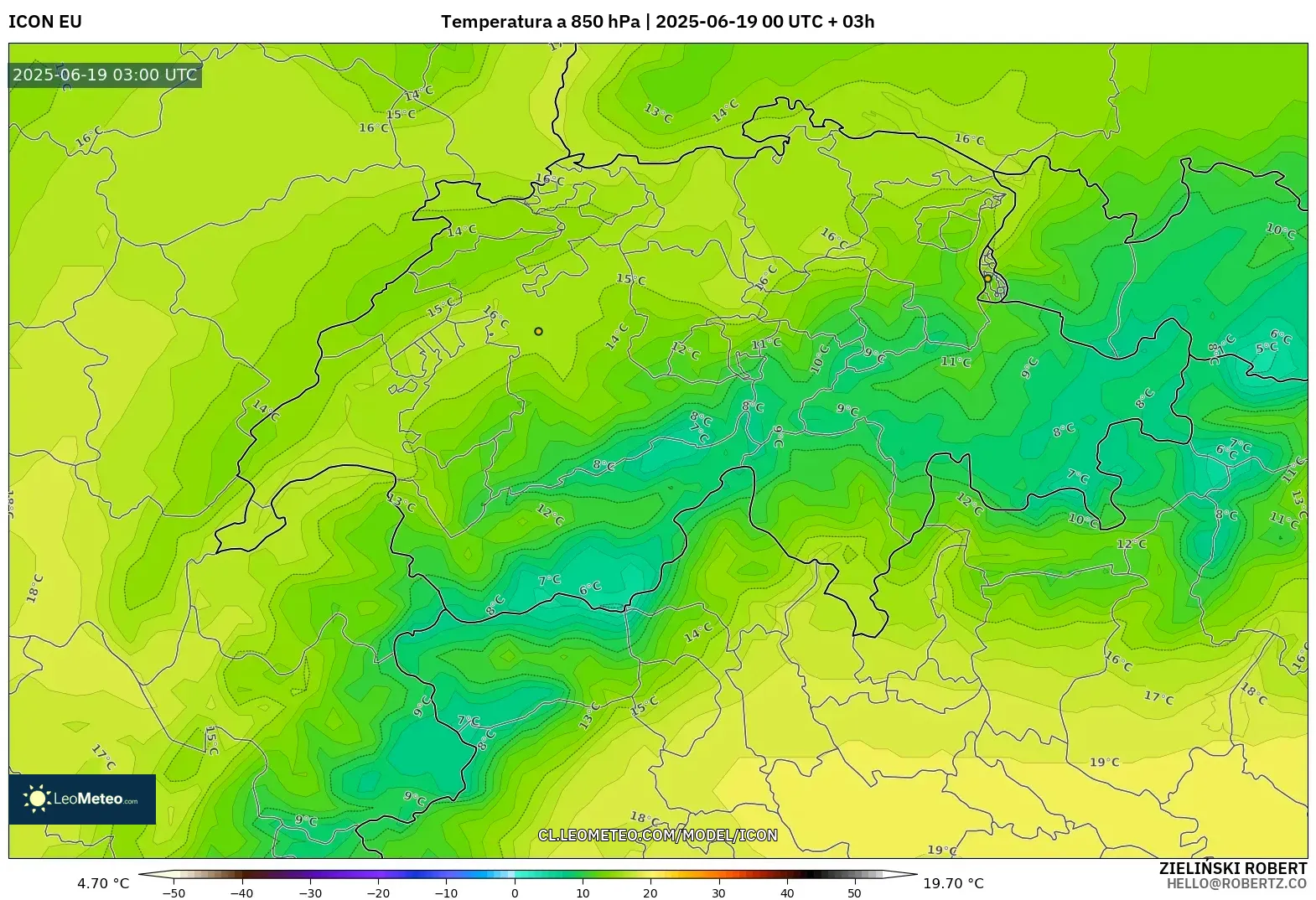 ICON model - Suiza, Temperatura a 850 hPa ICON model - Suiza, Temperatura a 850 hPa