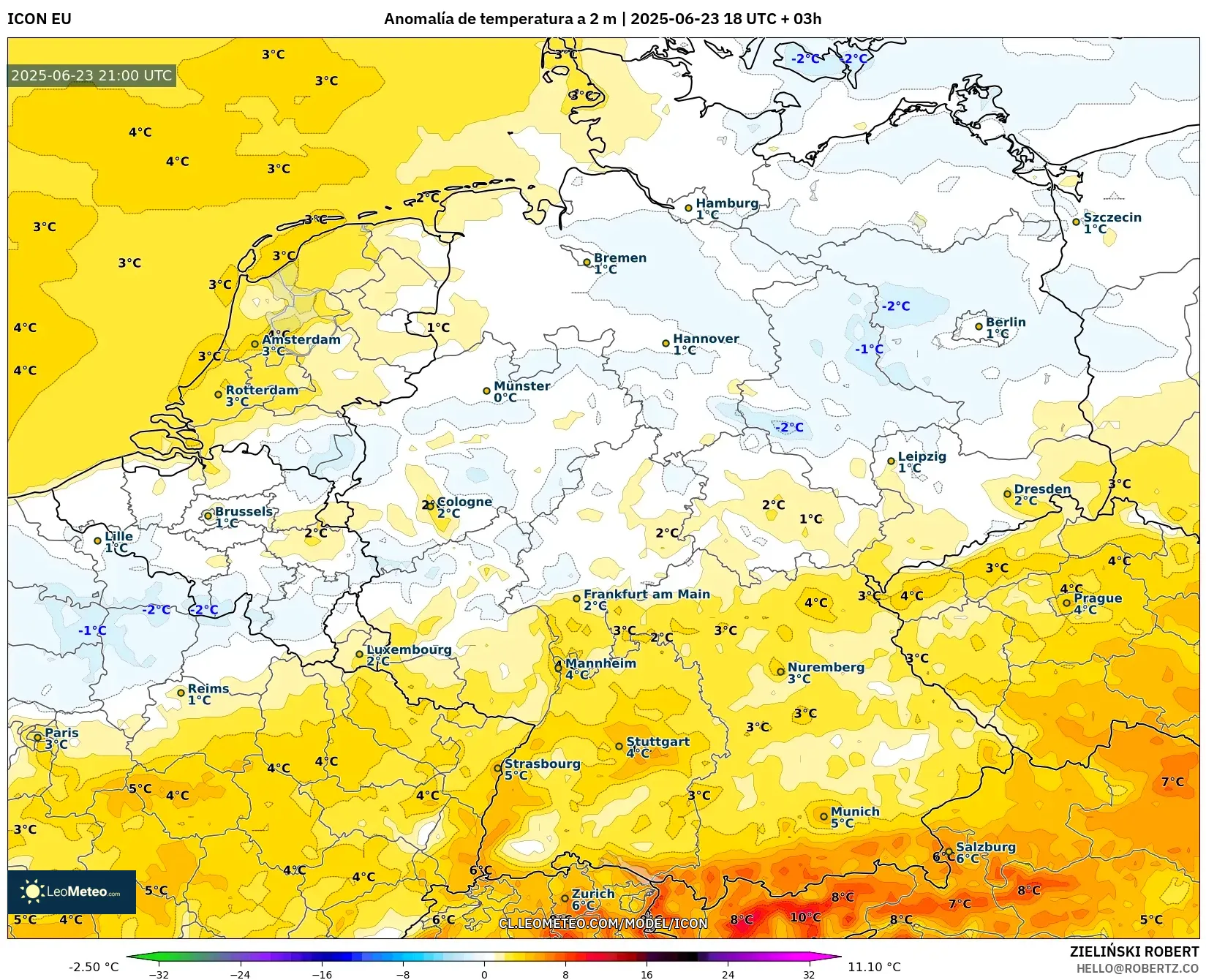 ICON model - Alemania, Anomalía de temperatura a 2 m ICON model - Alemania, Anomalía de temperatura a 2 m