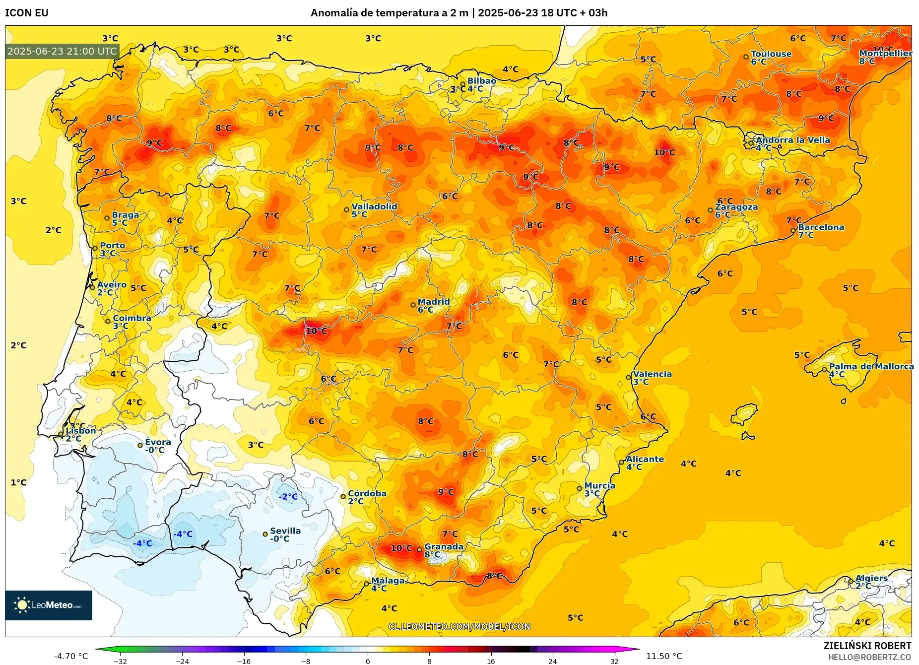 ICON model - España, Anomalía de temperatura a 2 m ICON model - España, Anomalía de temperatura a 2 m