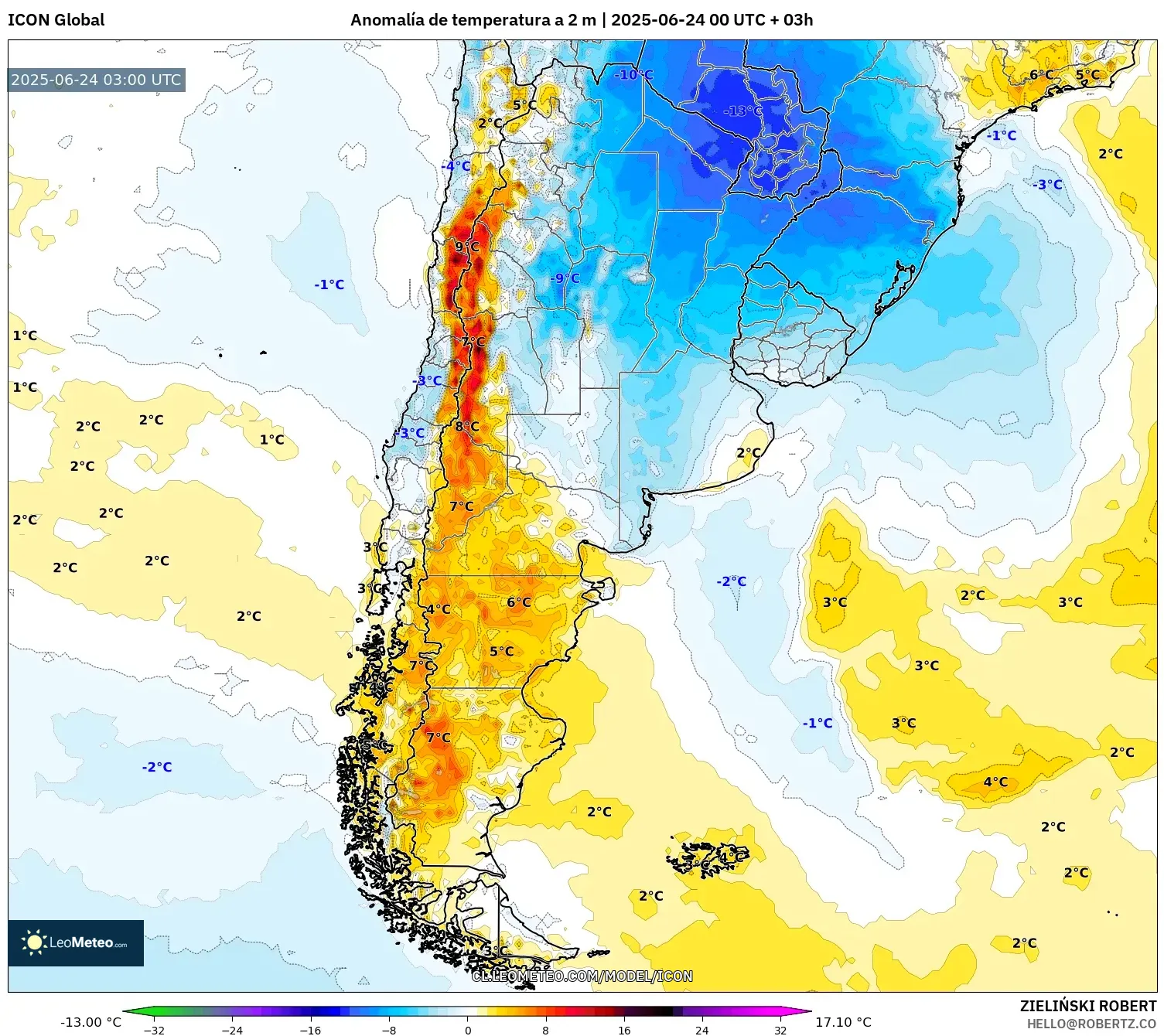 ICON model - Argentina, Anomalía de temperatura a 2 m