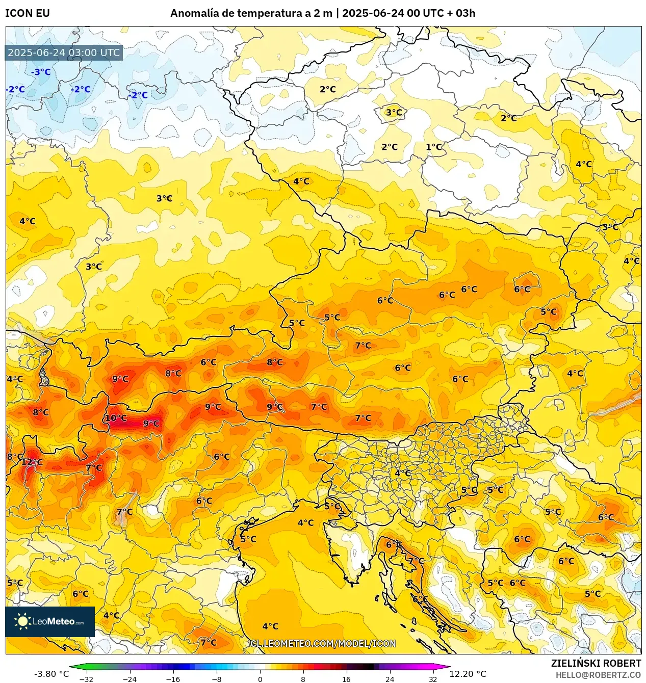 ICON model - Austria, Anomalía de temperatura a 2 m