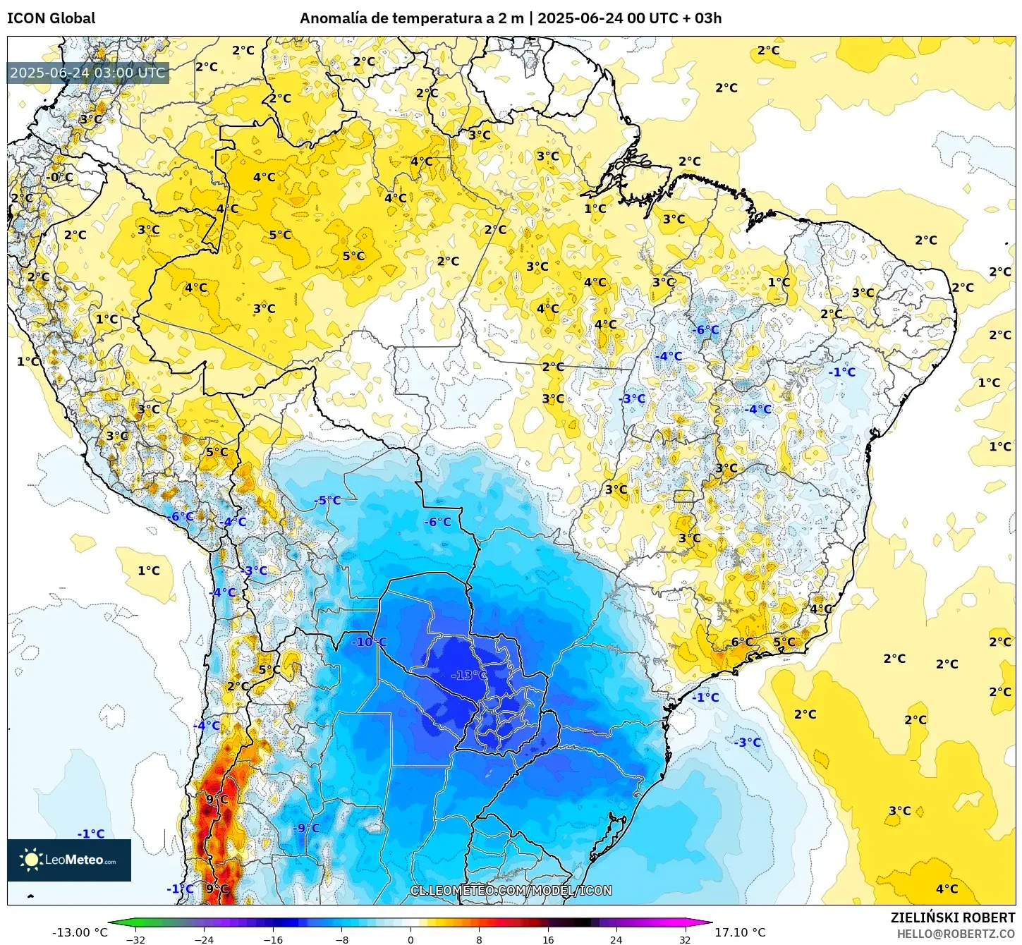 ICON model - Brasil, Anomalía de temperatura a 2 m ICON model - Brasil, Anomalía de temperatura a 2 m