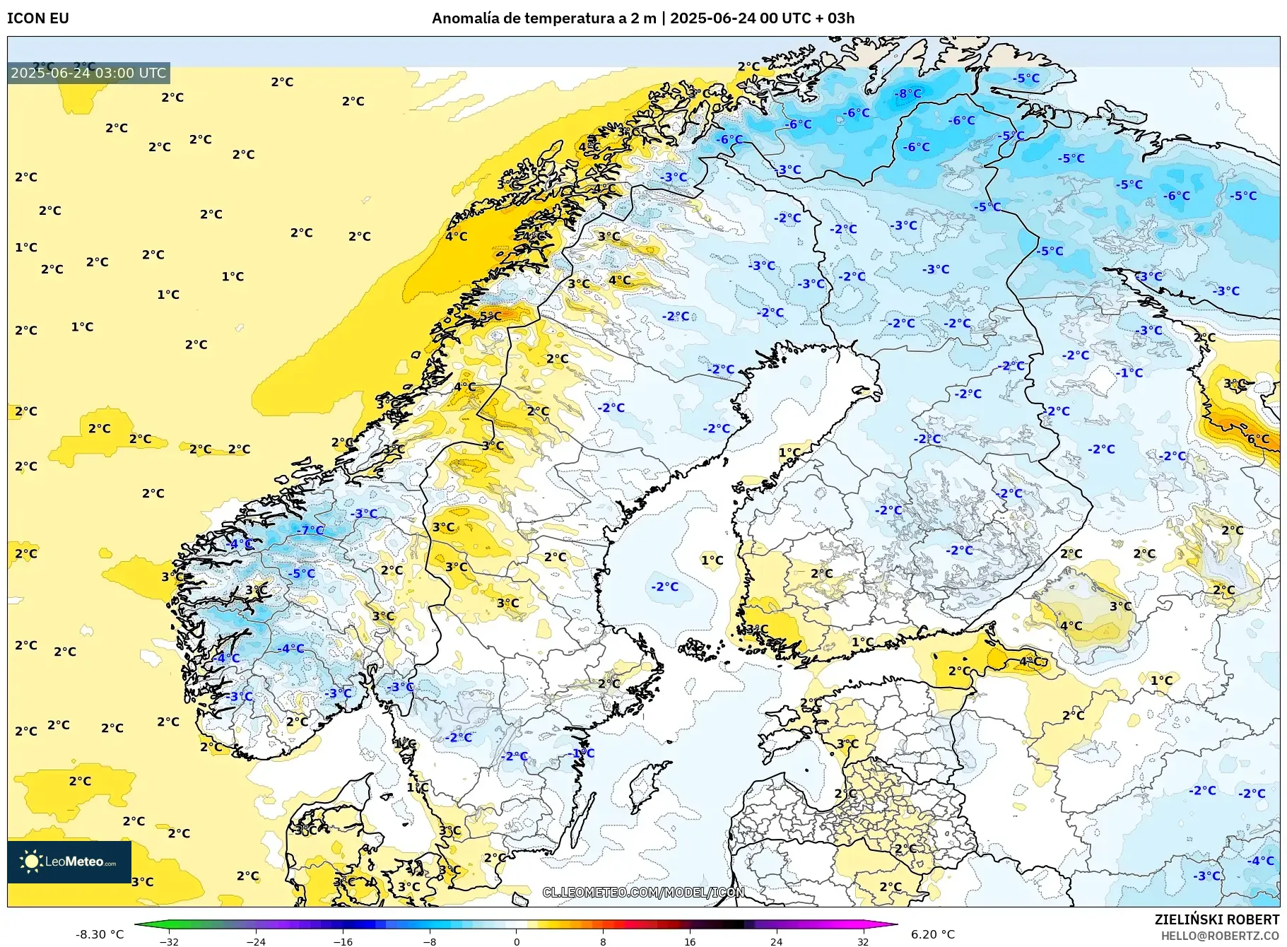 ICON model - Escandinavia, Anomalía de temperatura a 2 m