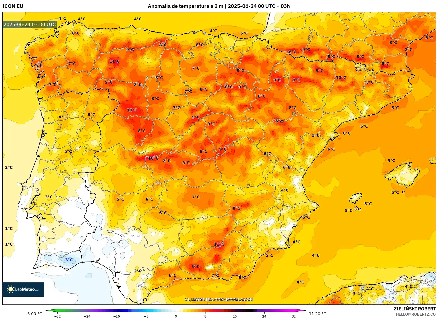 ICON model - España, Anomalía de temperatura a 2 m
