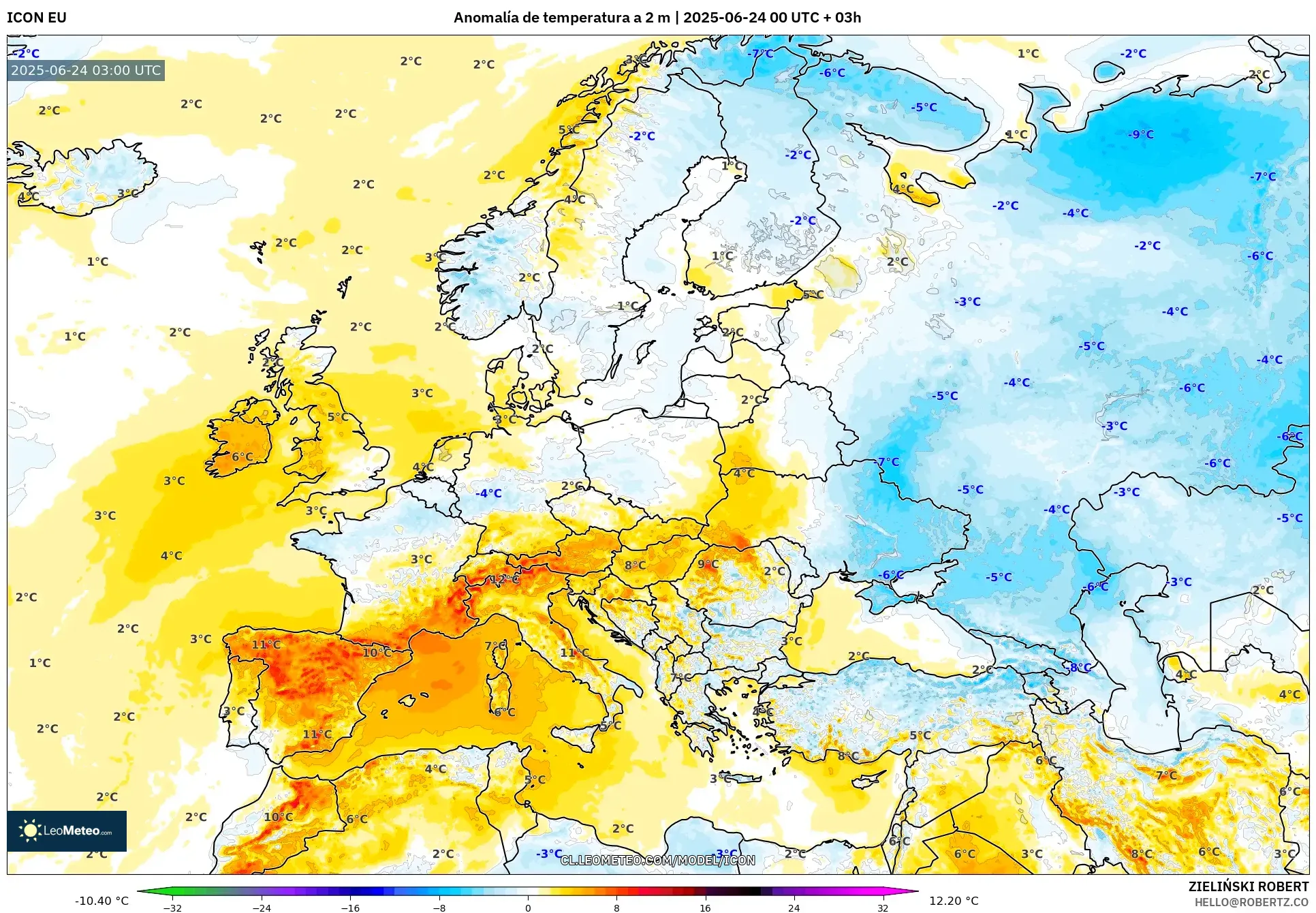 ICON model - Europa, Anomalía de temperatura a 2 m ICON model - Europa, Anomalía de temperatura a 2 m