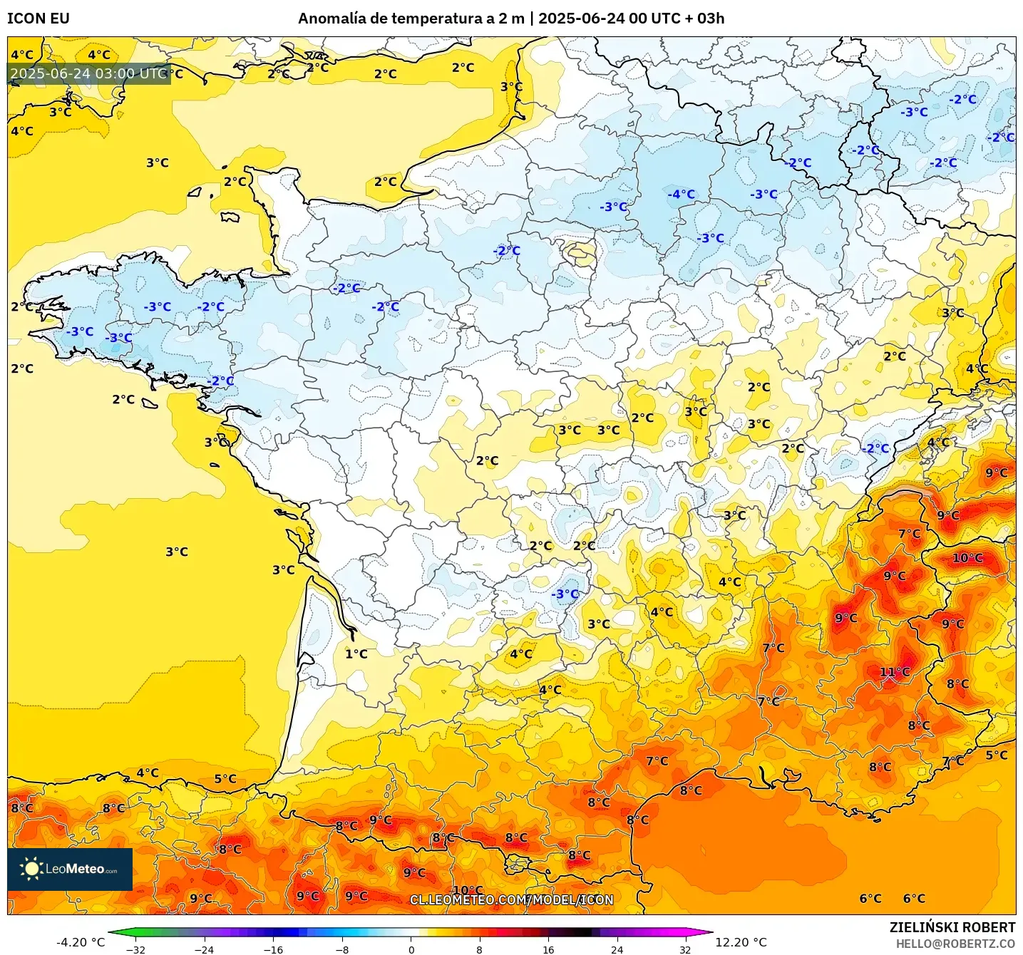 ICON model - Francia, Anomalía de temperatura a 2 m ICON model - Francia, Anomalía de temperatura a 2 m