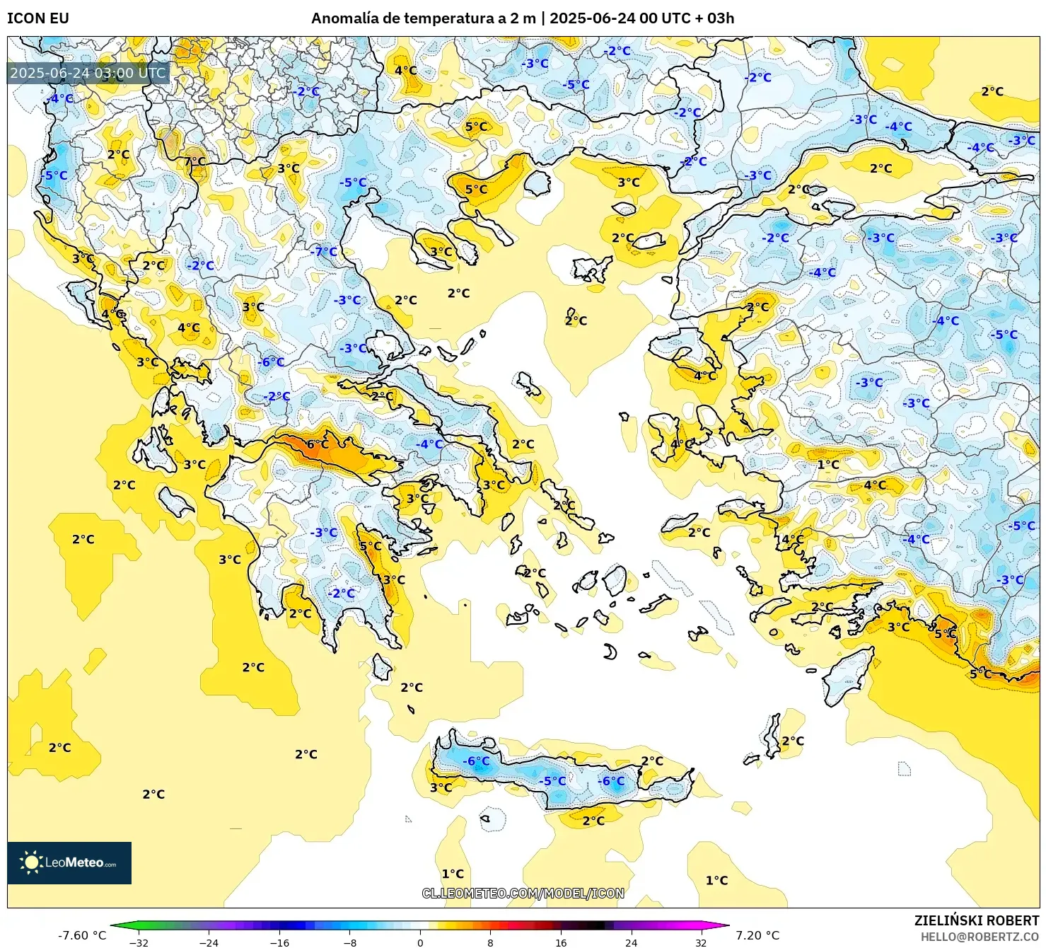 ICON model - Grecia, Anomalía de temperatura a 2 m