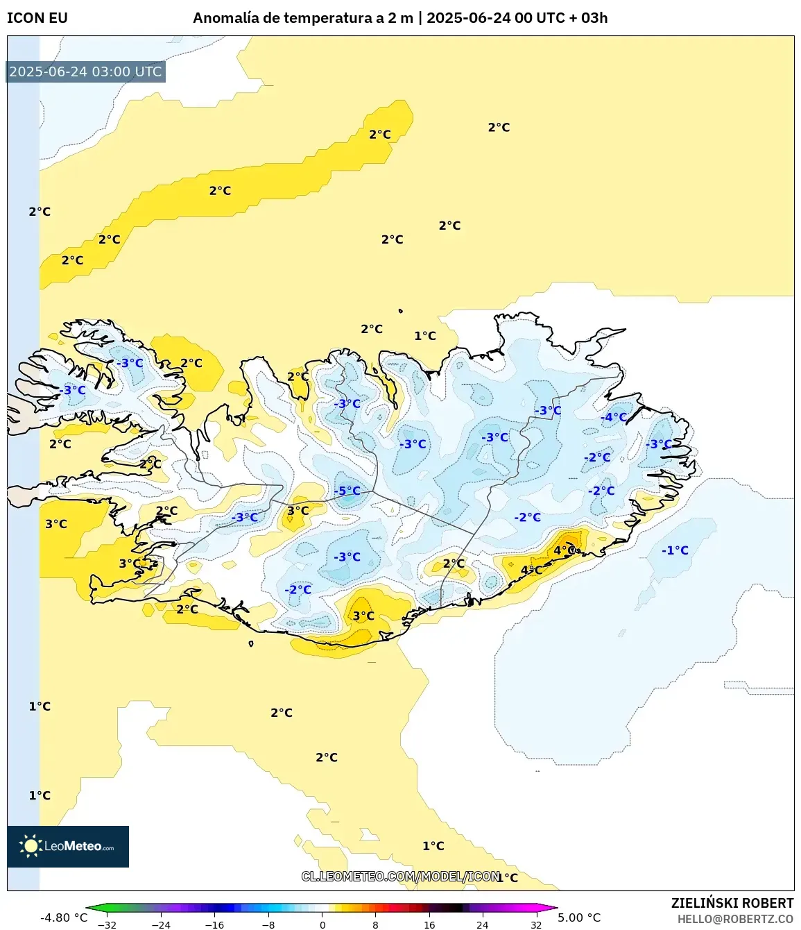 ICON model - Islandia, Anomalía de temperatura a 2 m