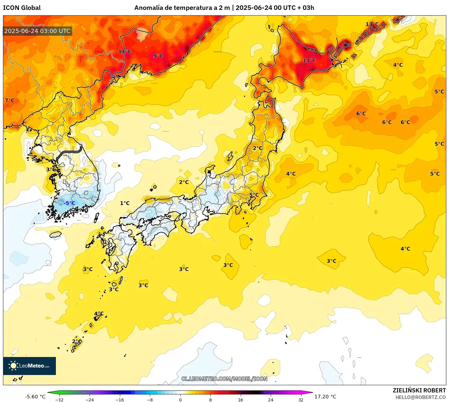 ICON model - Japón, Anomalía de temperatura a 2 m ICON model - Japón, Anomalía de temperatura a 2 m