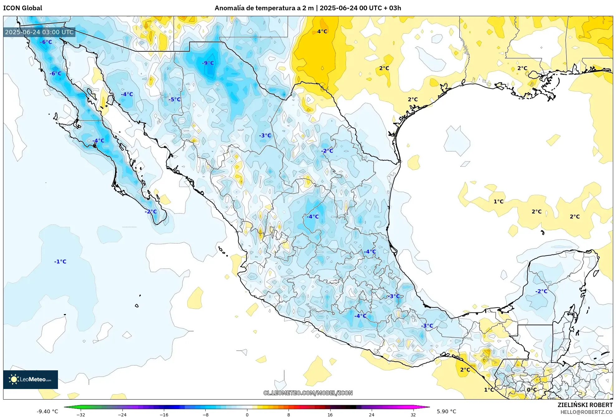 ICON model - México, Anomalía de temperatura a 2 m ICON model - México, Anomalía de temperatura a 2 m