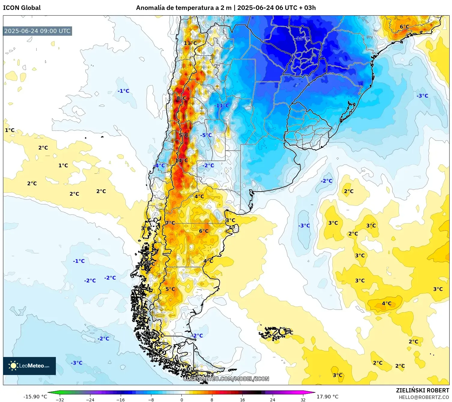 ICON model - Argentina, Anomalía de temperatura a 2 m ICON model - Argentina, Anomalía de temperatura a 2 m