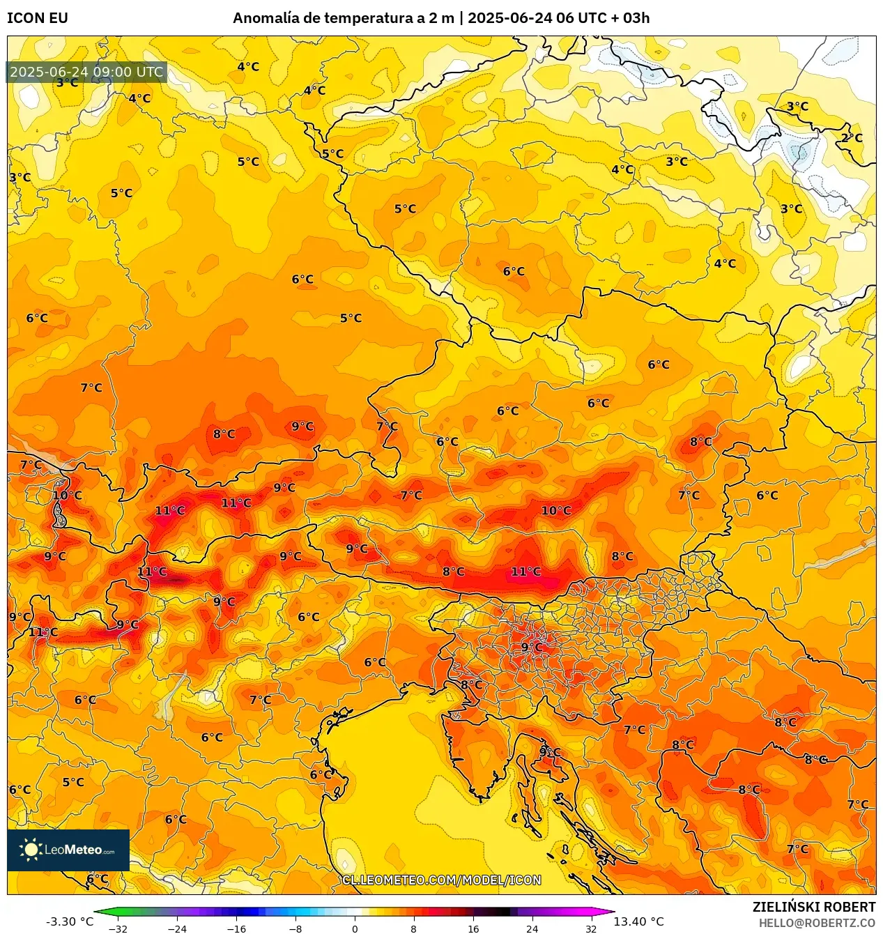 ICON model - Austria, Anomalía de temperatura a 2 m ICON model - Austria, Anomalía de temperatura a 2 m