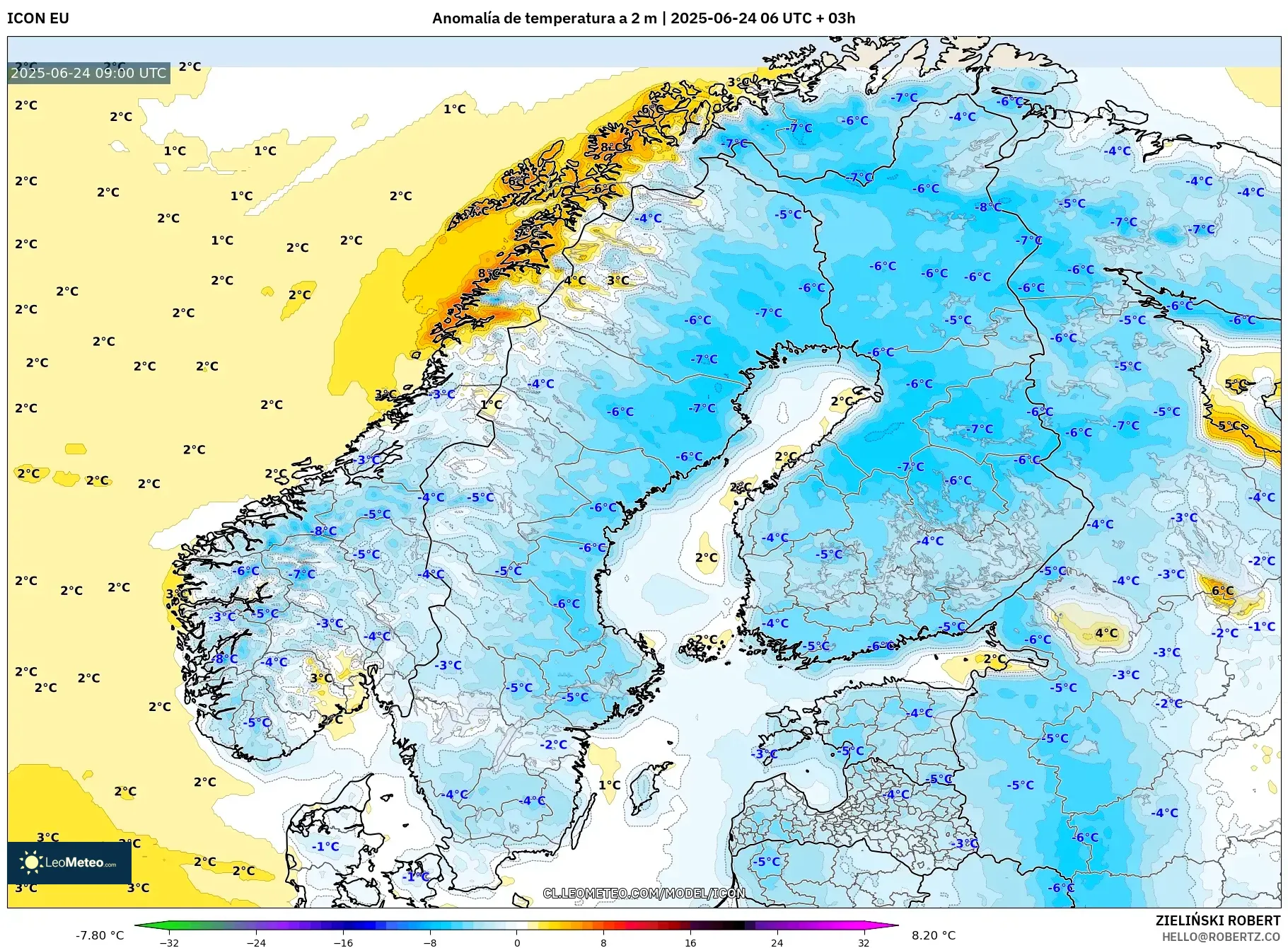 ICON model - Escandinavia, Anomalía de temperatura a 2 m ICON model - Escandinavia, Anomalía de temperatura a 2 m