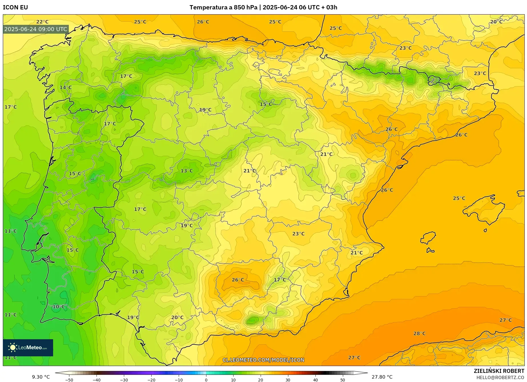 ICON model - España, Temperatura a 850 hPa ICON model - España, Temperatura a 850 hPa