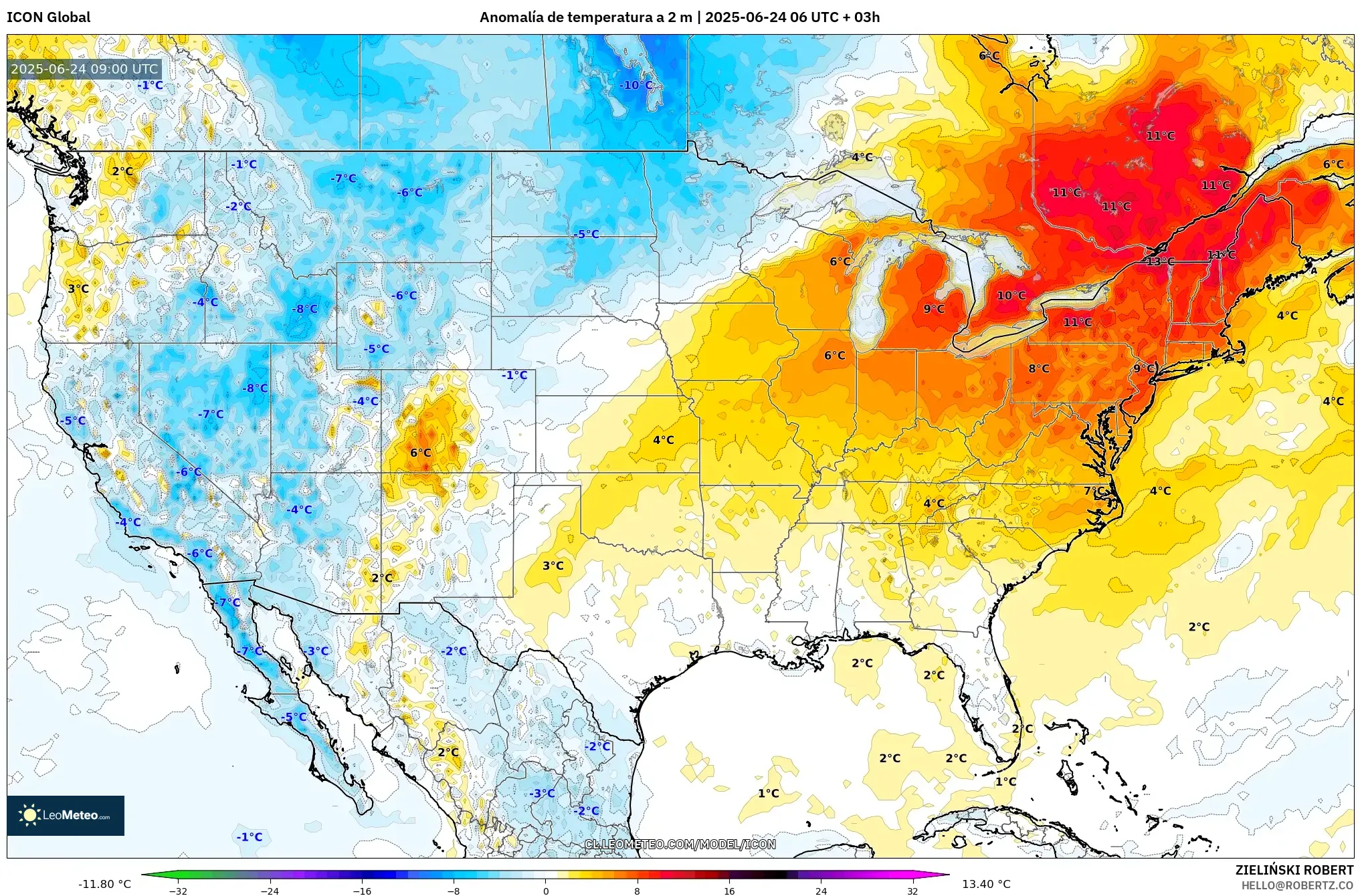 ICON model - Estados Unidos, Anomalía de temperatura a 2 m ICON model - Estados Unidos, Anomalía de temperatura a 2 m