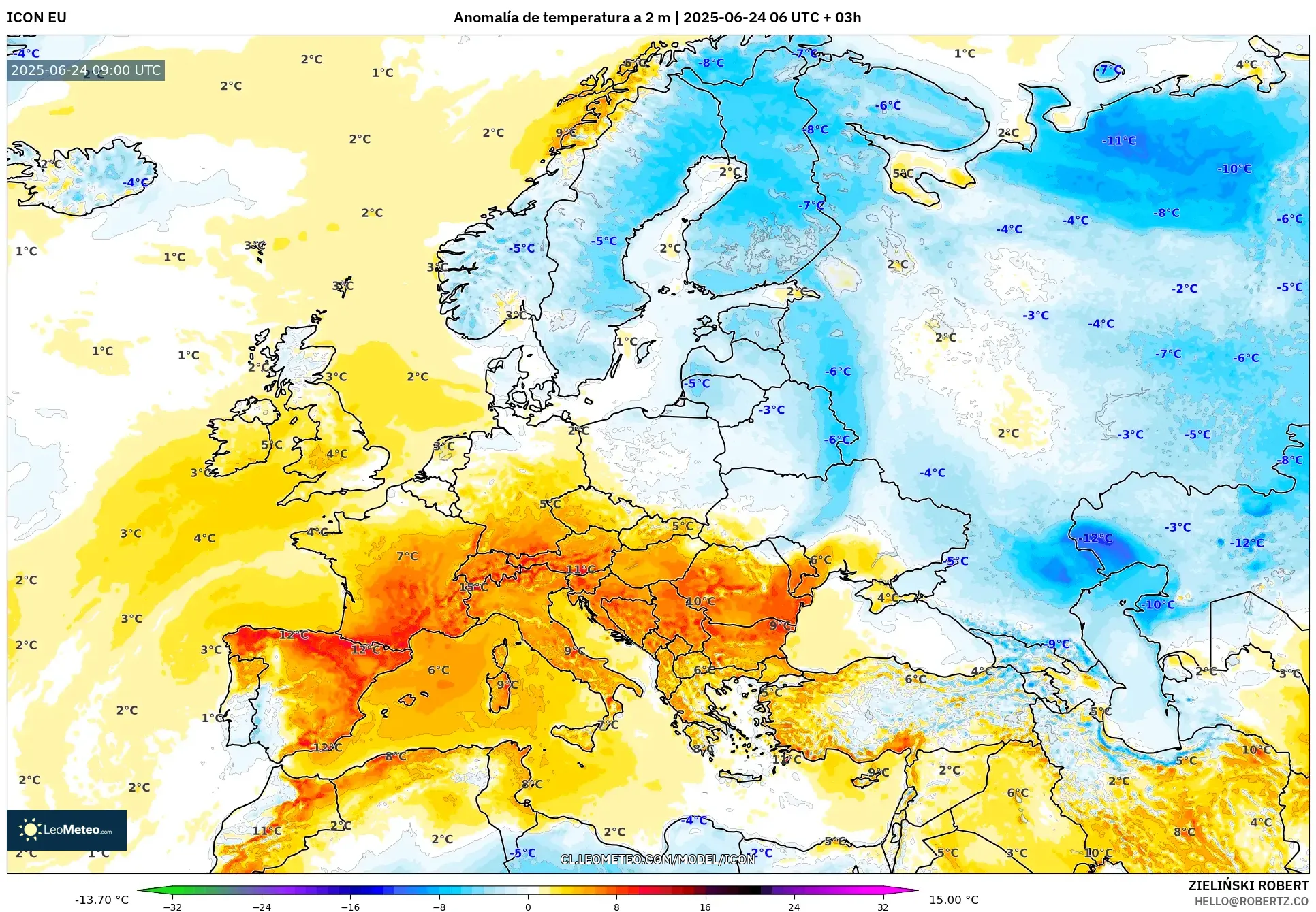 ICON model - Europa, Anomalía de temperatura a 2 m ICON model - Europa, Anomalía de temperatura a 2 m