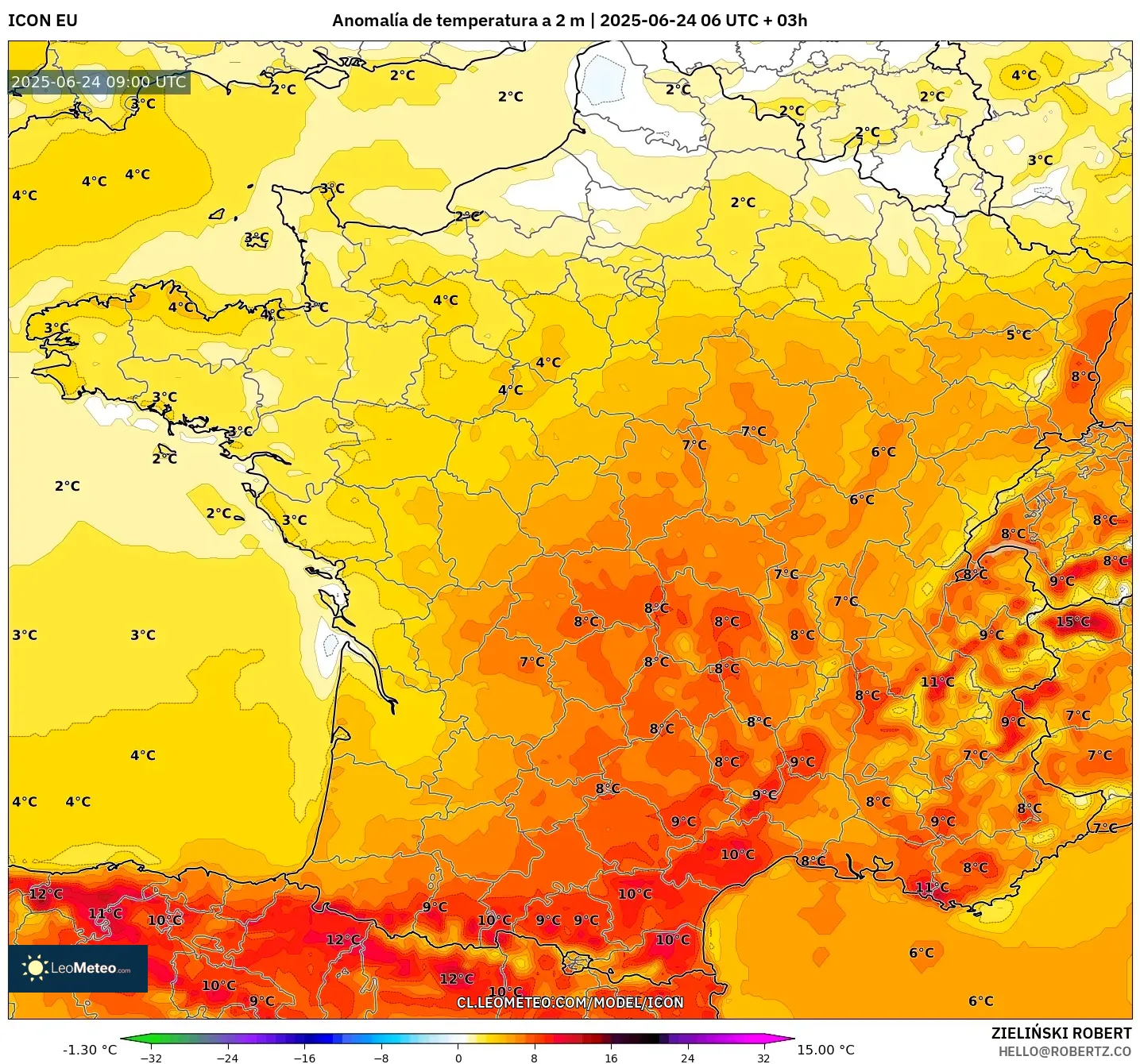 ICON model - Francia, Anomalía de temperatura a 2 m ICON model - Francia, Anomalía de temperatura a 2 m