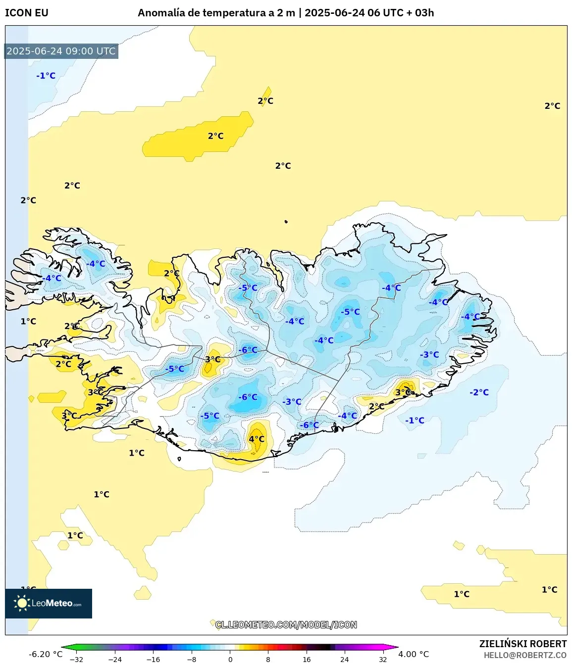 ICON model - Islandia, Anomalía de temperatura a 2 m ICON model - Islandia, Anomalía de temperatura a 2 m