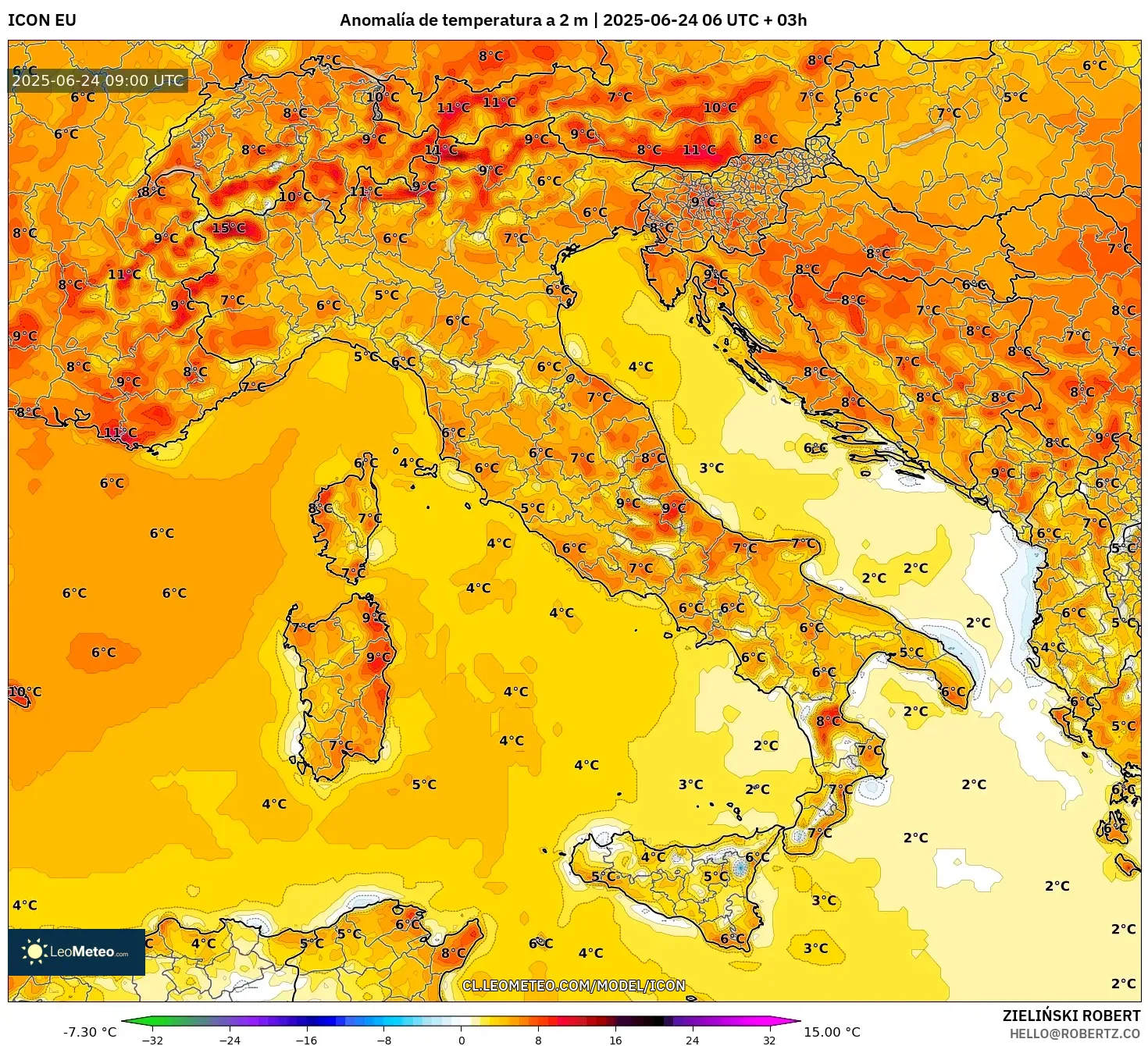ICON model - Italia, Anomalía de temperatura a 2 m ICON model - Italia, Anomalía de temperatura a 2 m