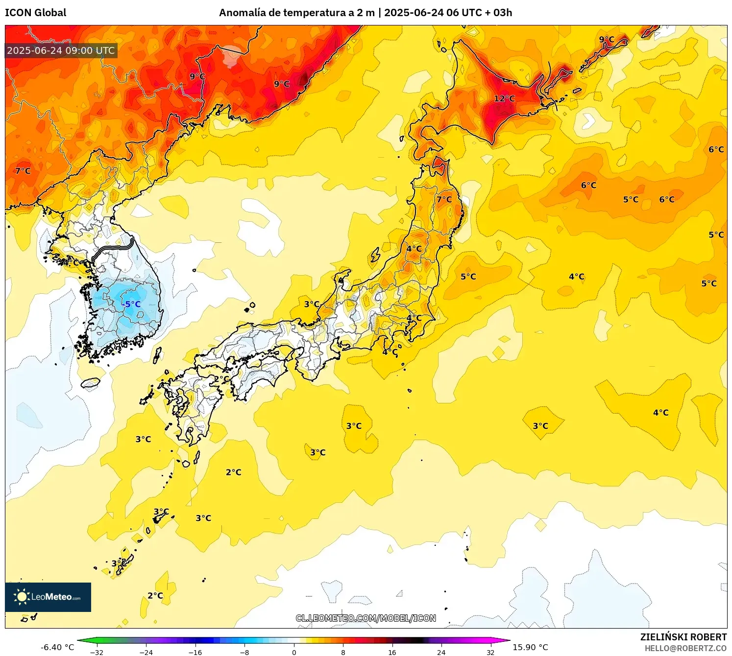 ICON model - Japón, Anomalía de temperatura a 2 m ICON model - Japón, Anomalía de temperatura a 2 m