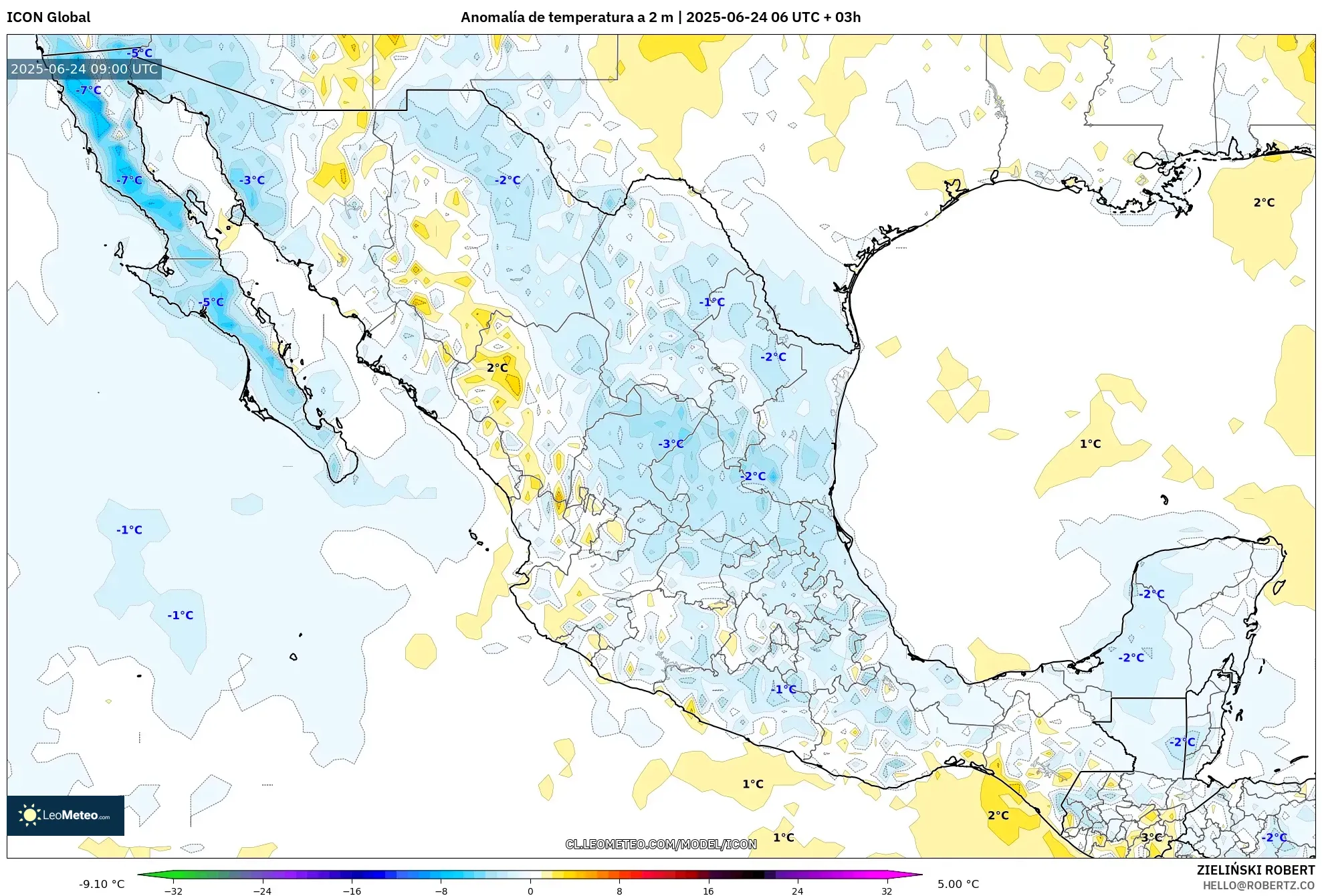 ICON model - México, Anomalía de temperatura a 2 m ICON model - México, Anomalía de temperatura a 2 m