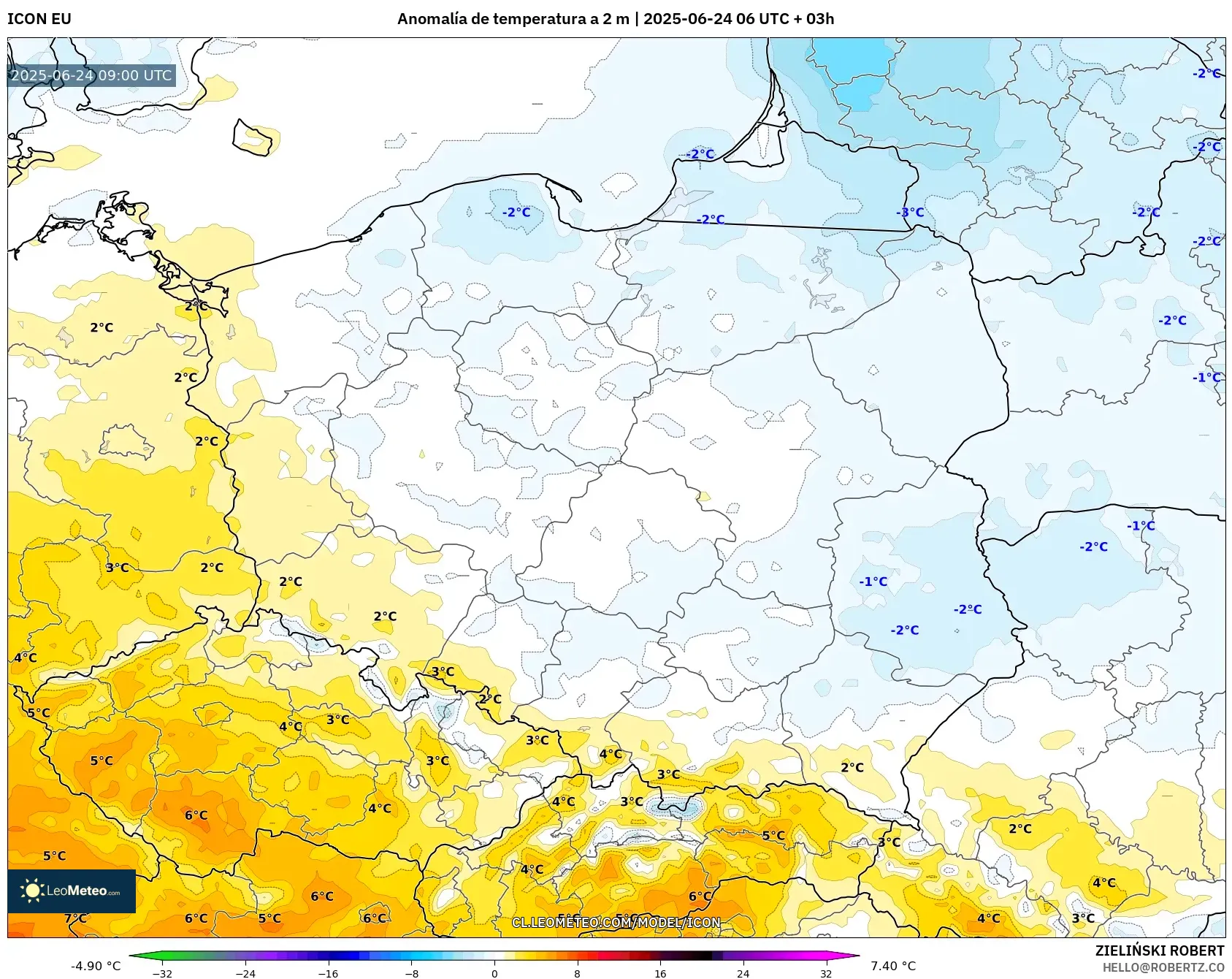 ICON model - Polonia, Anomalía de temperatura a 2 m ICON model - Polonia, Anomalía de temperatura a 2 m