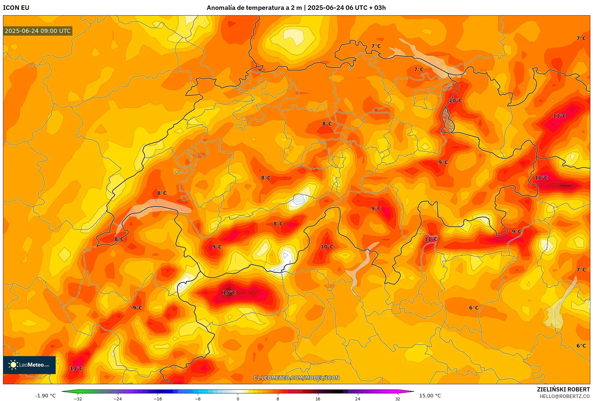 ICON model - Suiza, Anomalía de temperatura a 2 m ICON model - Suiza, Anomalía de temperatura a 2 m