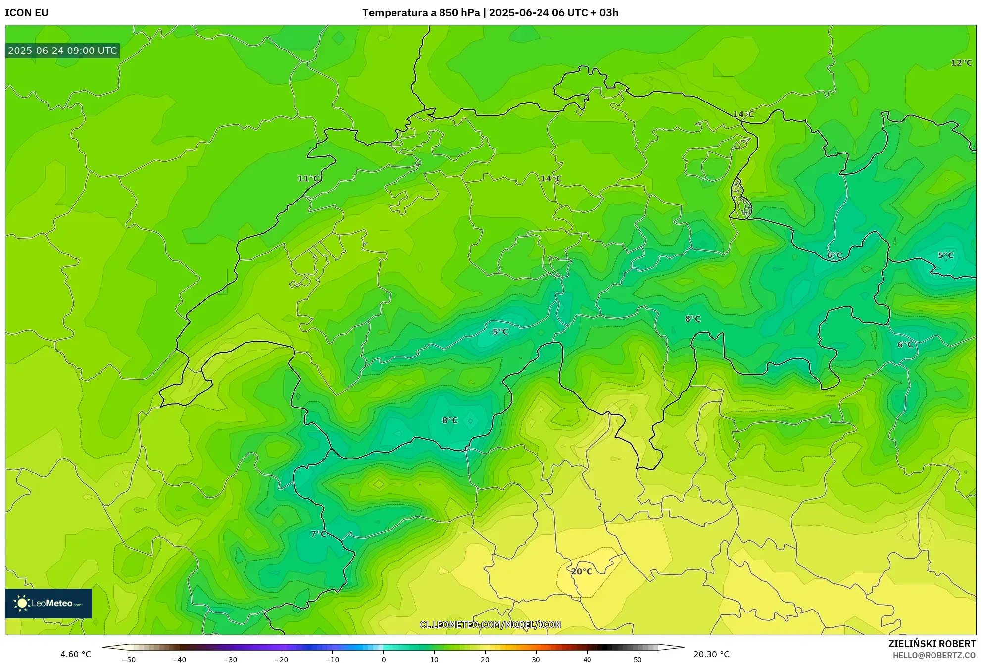 ICON model - Suiza, Temperatura a 850 hPa ICON model - Suiza, Temperatura a 850 hPa