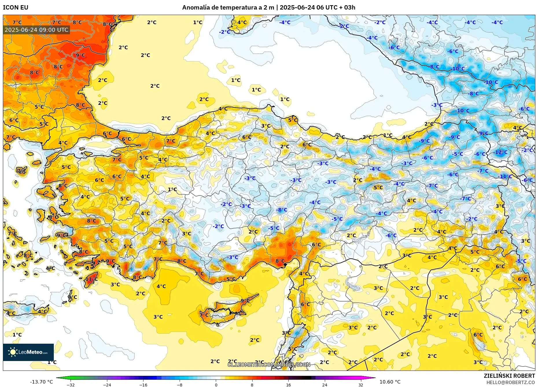 ICON model - Turquía, Anomalía de temperatura a 2 m ICON model - Turquía, Anomalía de temperatura a 2 m