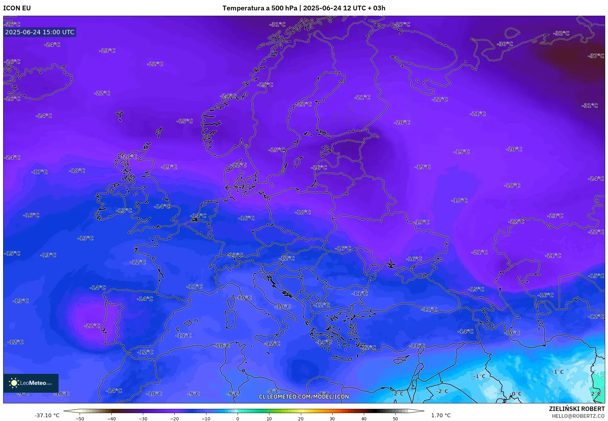 ICON model - Europa, Temperatura a 500 hPa ICON model - Europa, Temperatura a 500 hPa