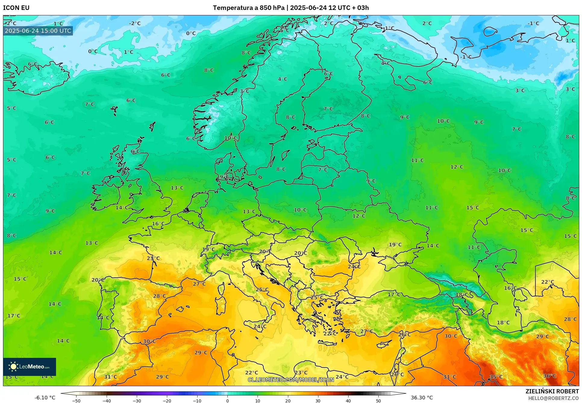 ICON model - Europa, Temperatura a 850 hPa ICON model - Europa, Temperatura a 850 hPa