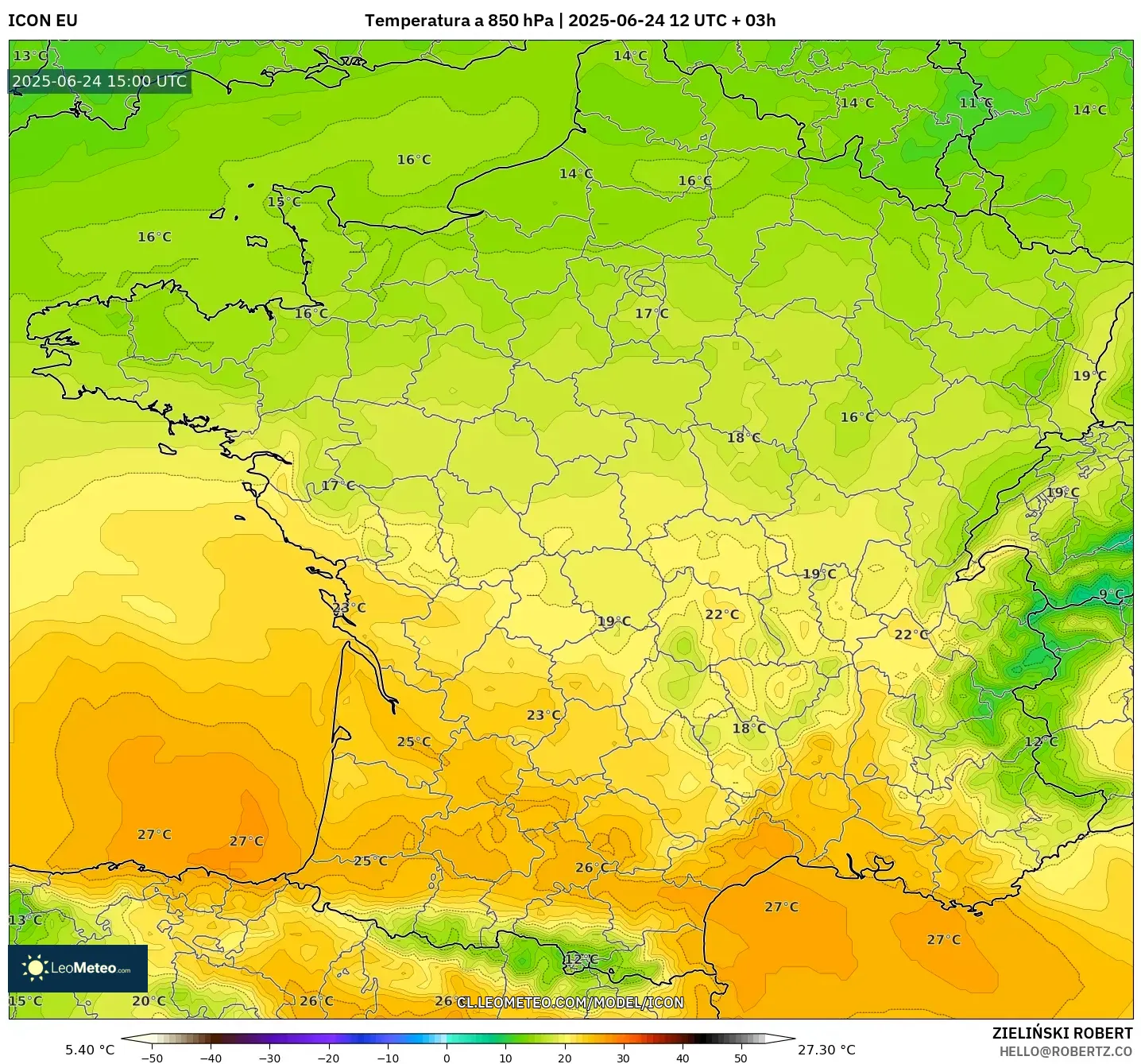 ICON model - Francia, Temperatura a 850 hPa ICON model - Francia, Temperatura a 850 hPa