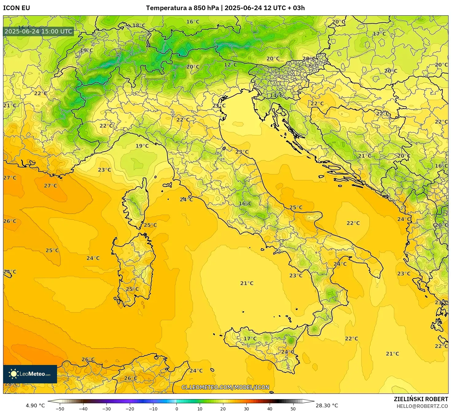ICON model - Italia, Temperatura a 850 hPa ICON model - Italia, Temperatura a 850 hPa