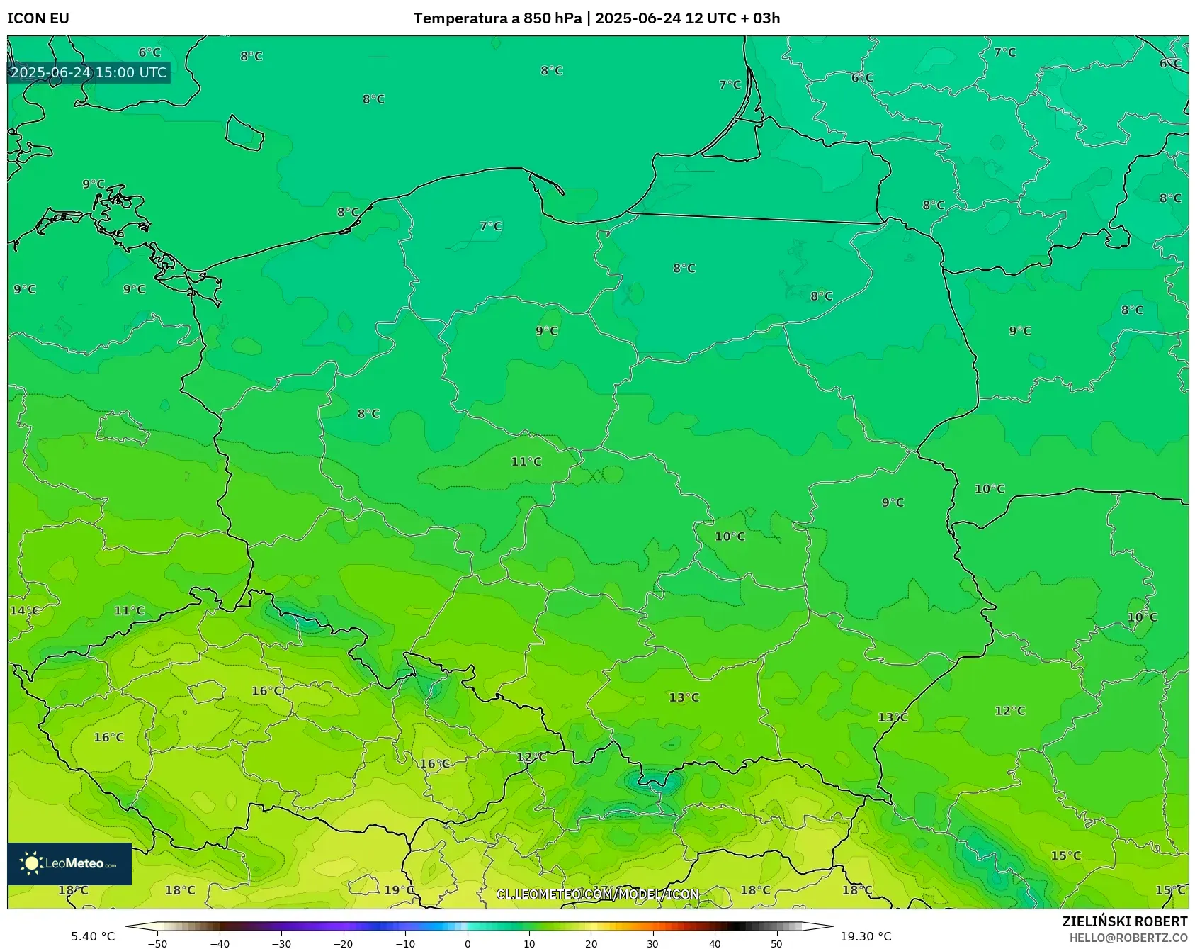 ICON model - Polonia, Temperatura a 850 hPa ICON model - Polonia, Temperatura a 850 hPa