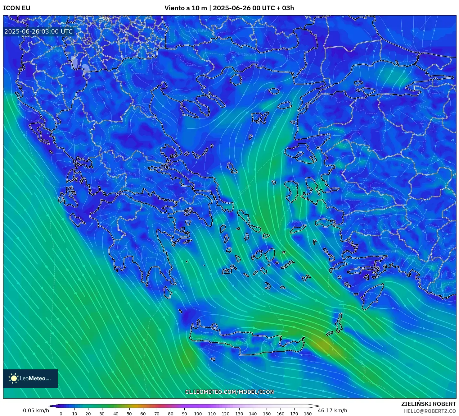 ICON model - Grecia, Viento a 10 m ICON model - Grecia, Viento a 10 m