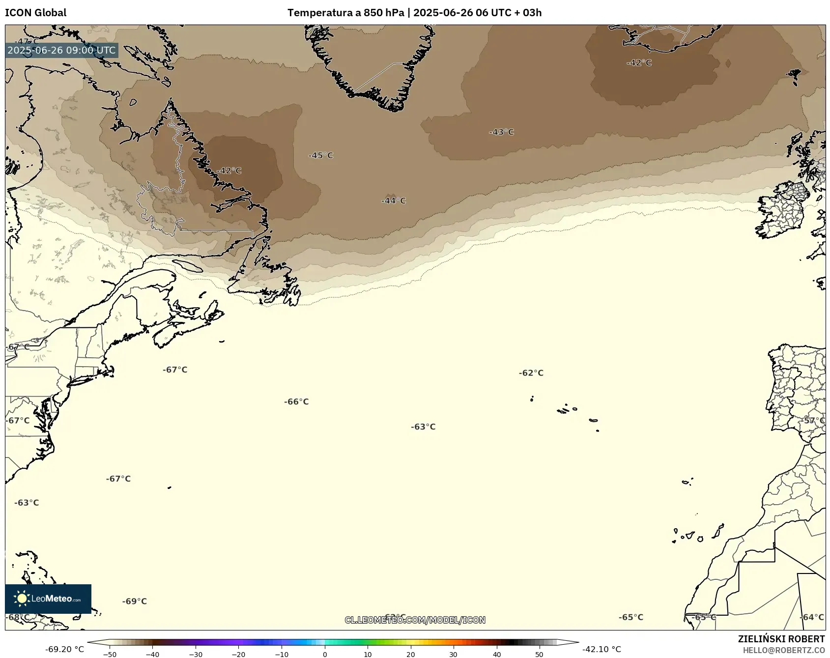ICON model - Norte Atlántico, Temperatura a 850 hPa ICON model - Norte Atlántico, Temperatura a 850 hPa