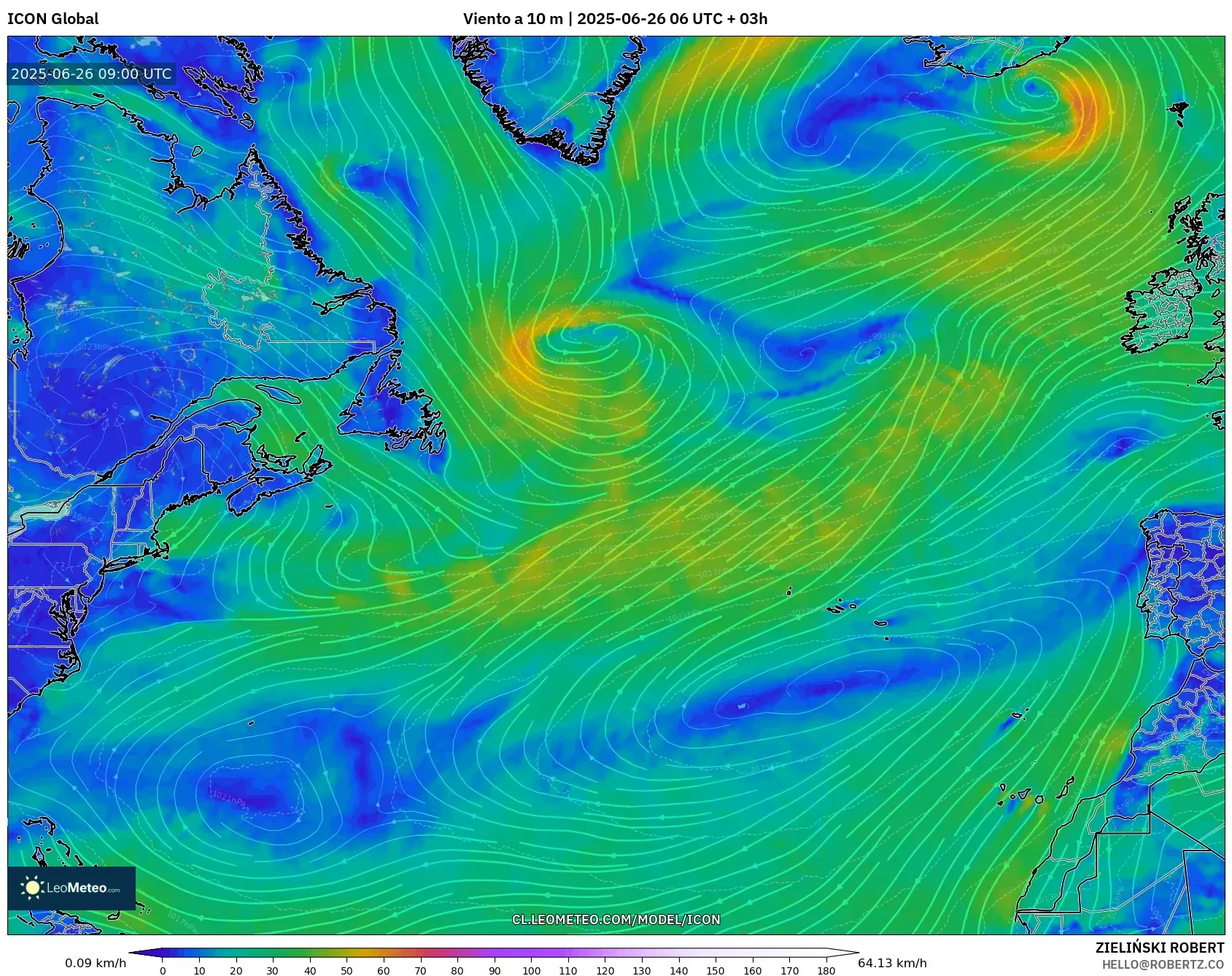 ICON model - Norte Atlántico, Viento a 10 m ICON model - Norte Atlántico, Viento a 10 m