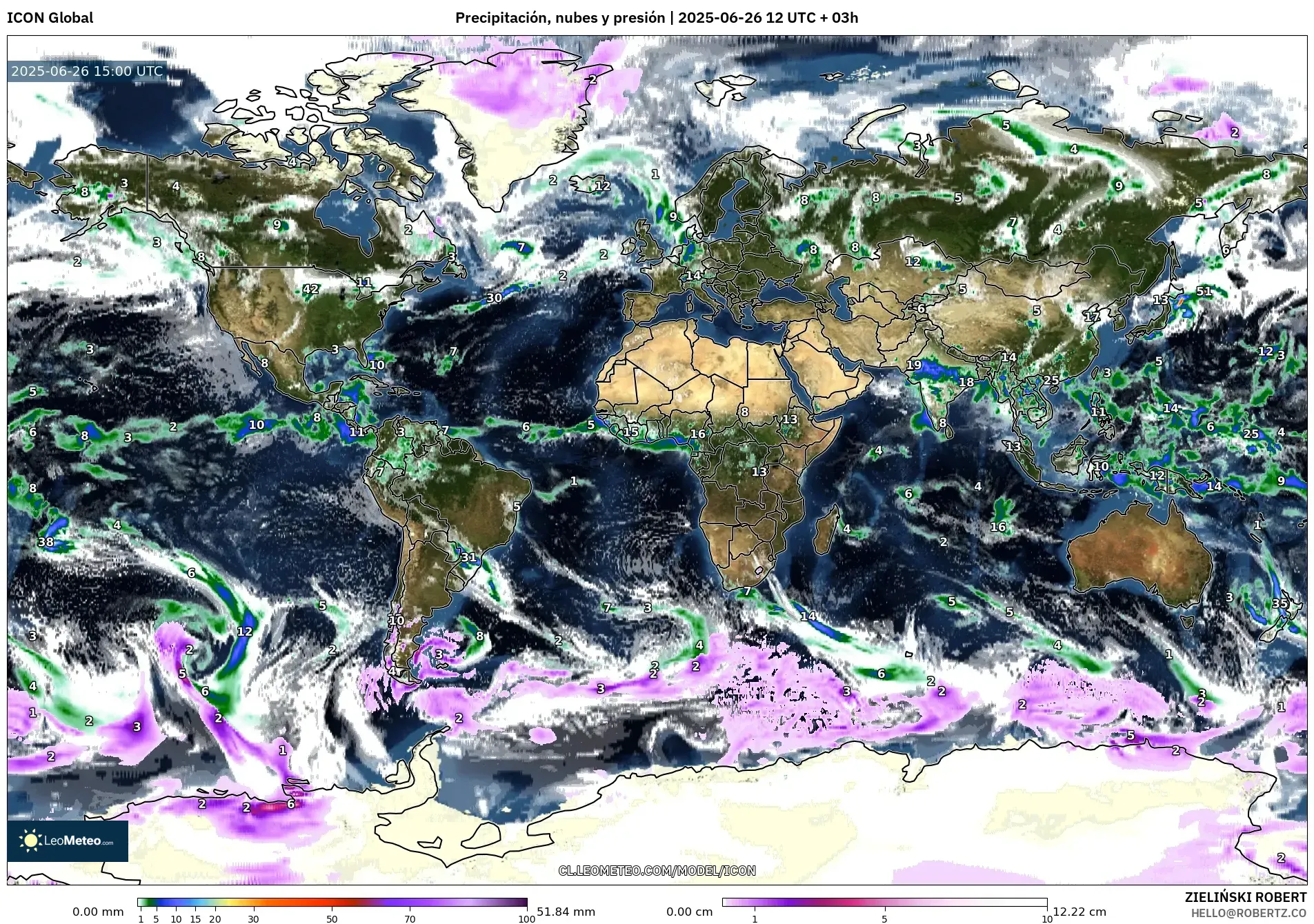 ICON model - Mundo, Precipitación, nubes y presión ICON model - Mundo, Precipitación, nubes y presión