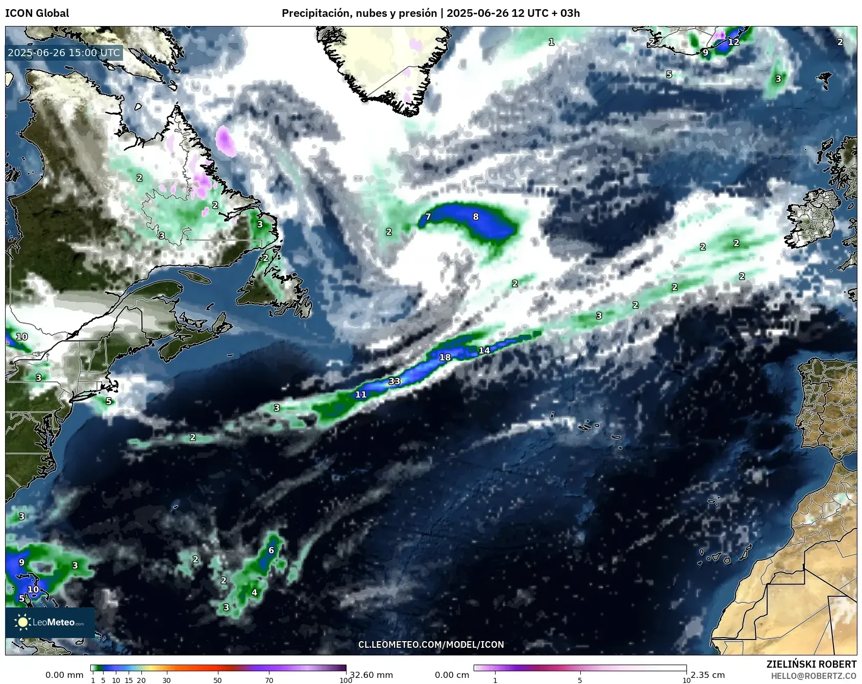ICON model - Norte Atlántico, Precipitación, nubes y presión ICON model - Norte Atlántico, Precipitación, nubes y presión