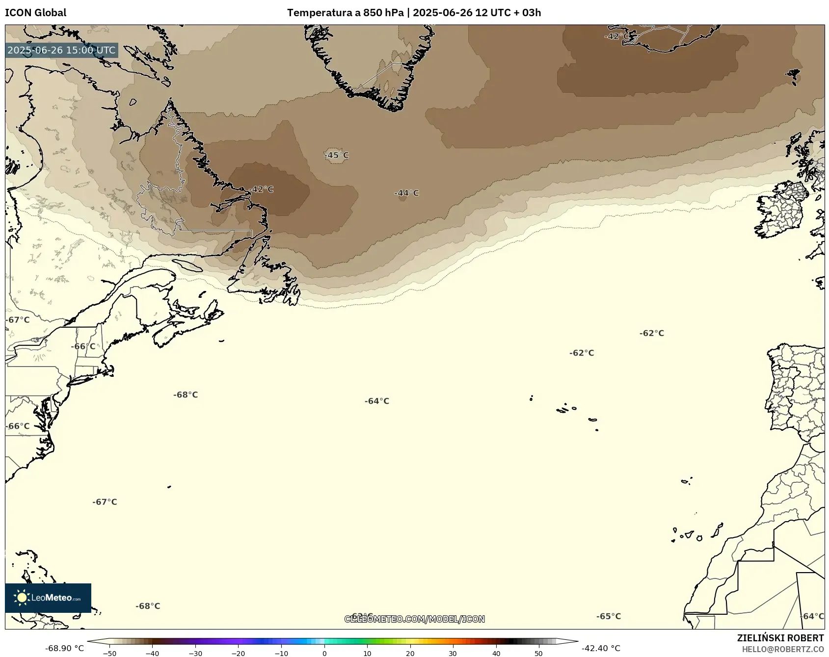 ICON model - Norte Atlántico, Temperatura a 850 hPa ICON model - Norte Atlántico, Temperatura a 850 hPa