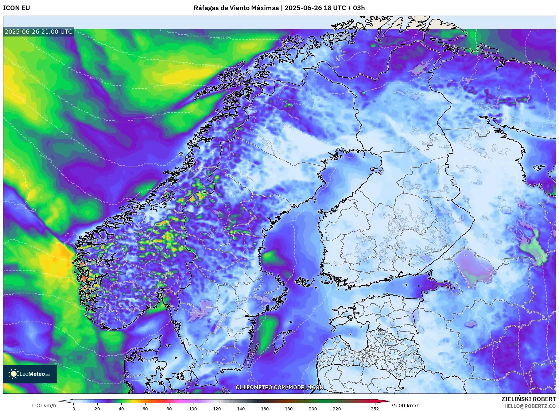 ICON model - Escandinavia, Ráfagas de Viento Máximas ICON model - Escandinavia, Ráfagas de Viento Máximas